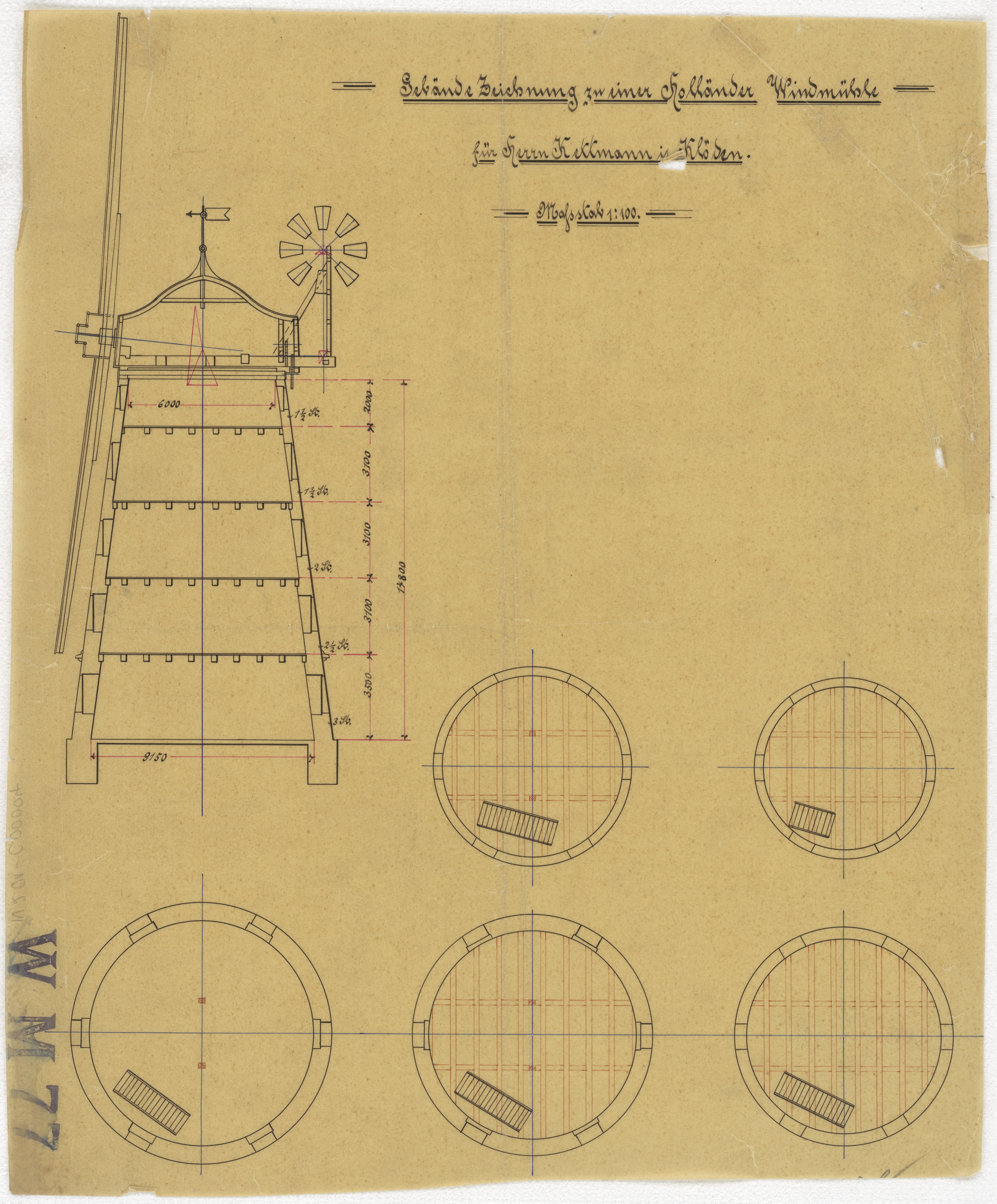 Technische Zeichnung : Gebäudezeichnung zu einer Holländer Windmühle für Herrn [Otto] Kettmann in Klöden (Stiftung Deutsches Technikmuseum Berlin CC BY-SA)