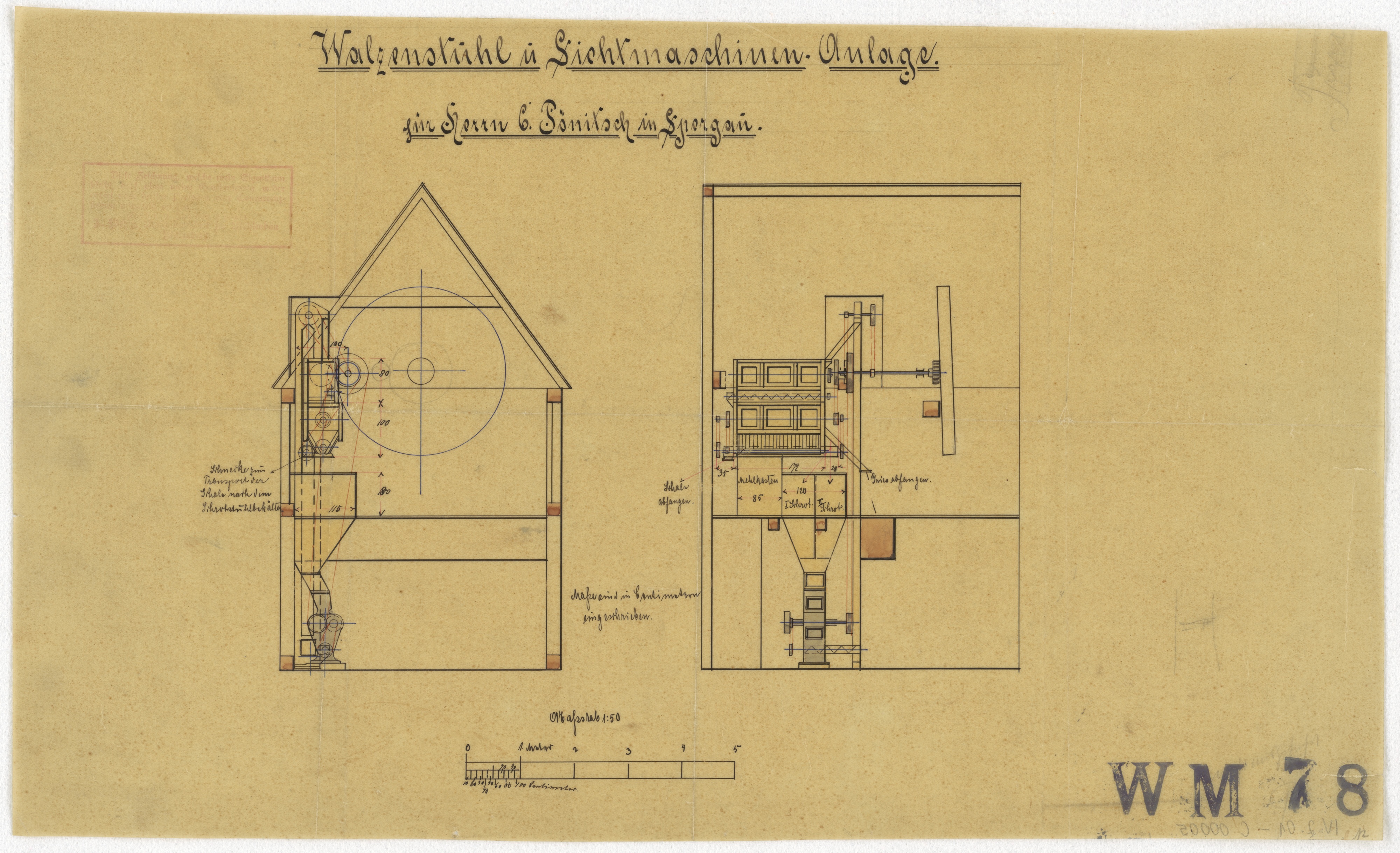 Technische Zeichnung : Walzenstuhl und Sichtmaschinen-Anlage für Herrn C. Pönitsch in Spergau (Stiftung Deutsches Technikmuseum Berlin CC BY-SA)
