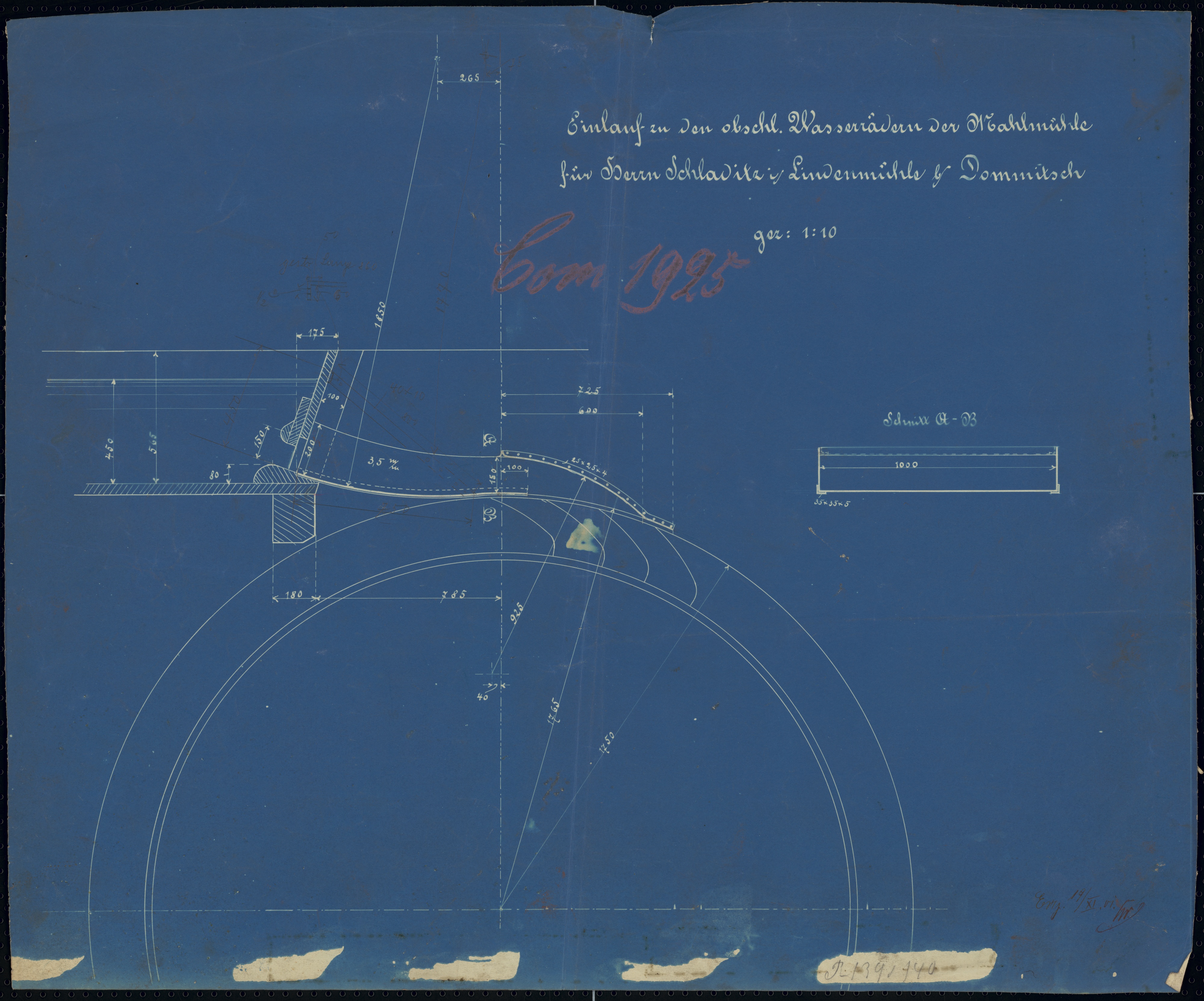 Technische Zeichnung : Einlauf zu den oberschlächtigen Wasserrädern der Mahlmühle für Herrn Schladitz in [der] Lindenmühle bei Dommitzsch (Stiftung Deutsches Technikmuseum Berlin CC BY-SA)