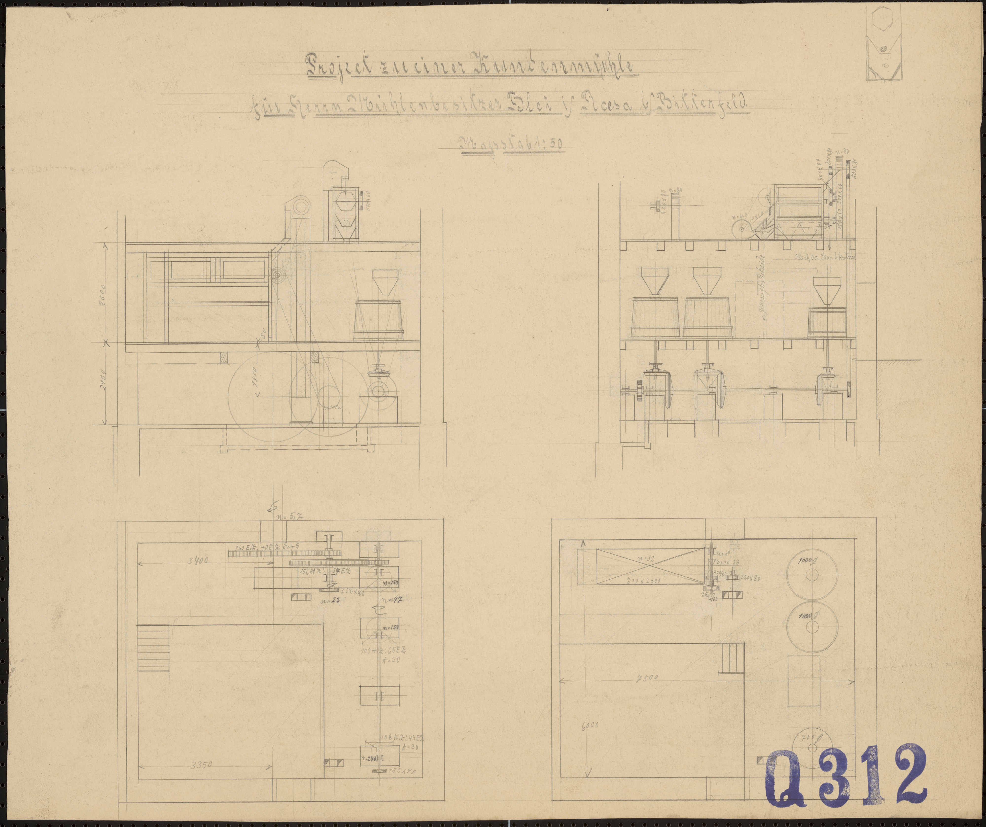 Technische Zeichnung : Projekt zu einer Kundenmühle für Herrn Mühlenbesitzer Blei in Roesa bei Bitterfeld (Stiftung Deutsches Technikmuseum Berlin CC BY-SA)