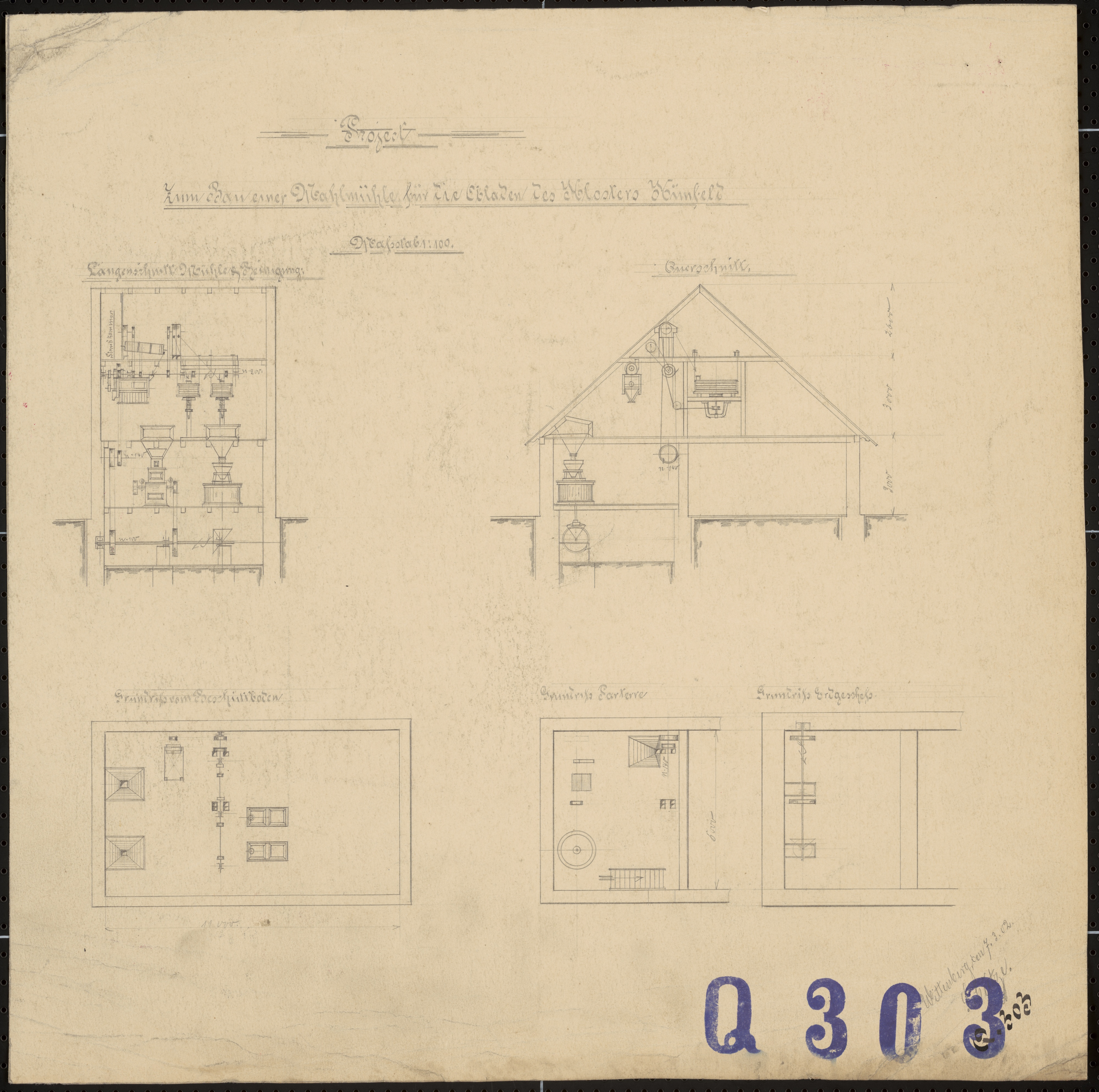 Technische Zeichnung : Projekt zum Bau einer Mahlmühle für die Opla[t]en des Klosters Hünfeld (Stiftung Deutsches Technikmuseum Berlin CC BY-SA)