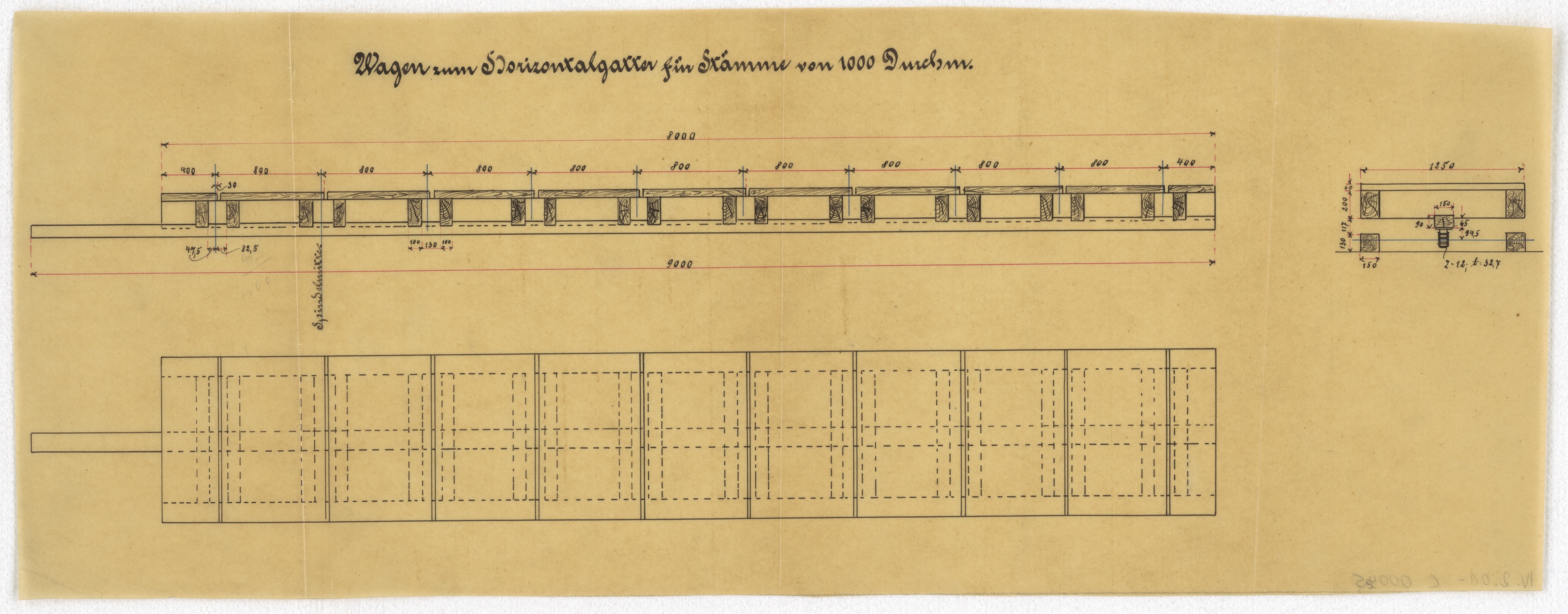 Technische Zeichnung : Wagen zum Horizontalgatter für Stämme von 1000 mm Durchmesser (Stiftung Deutsches Technikmuseum Berlin CC BY-SA)