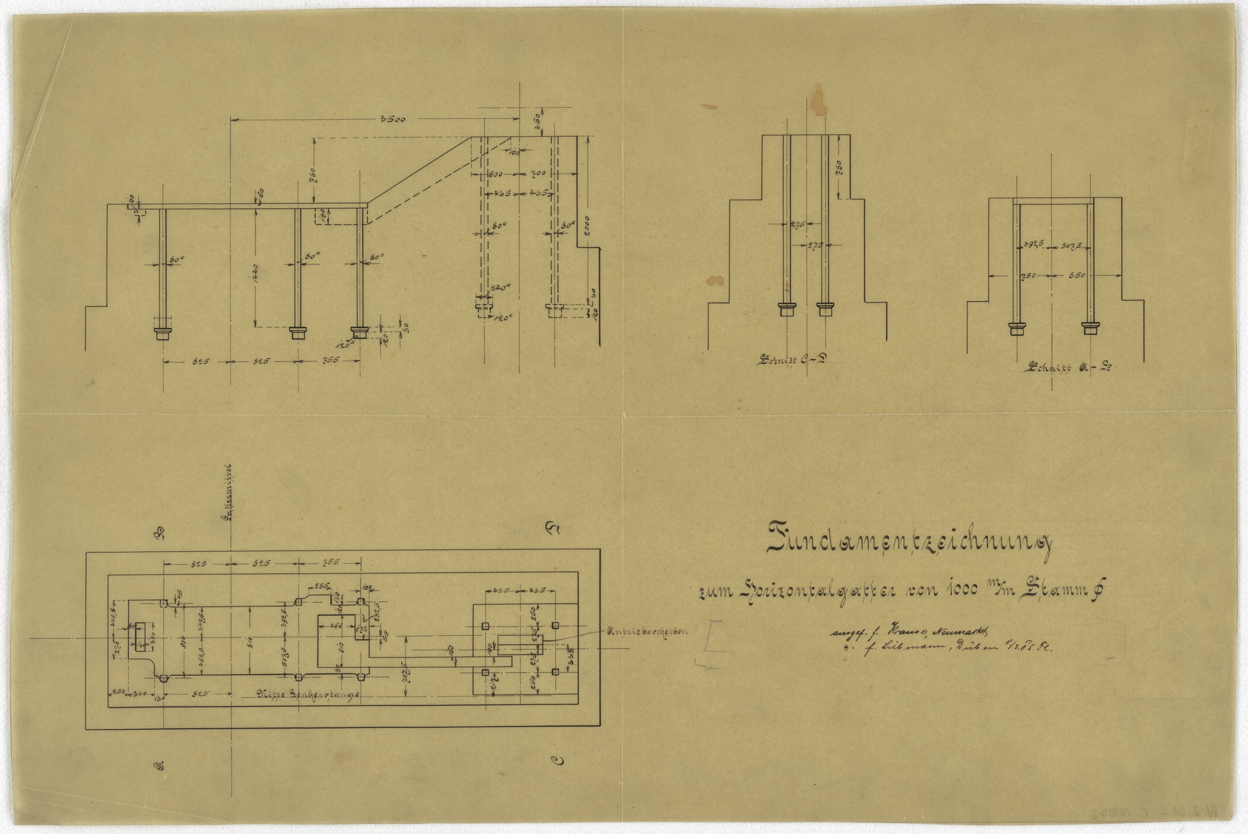 Technische Zeichnung : Fundamentzeichnung zum Horizontalgatter von 1000 mm Stammdurchmesser (Stiftung Deutsches Technikmuseum Berlin CC BY-SA)