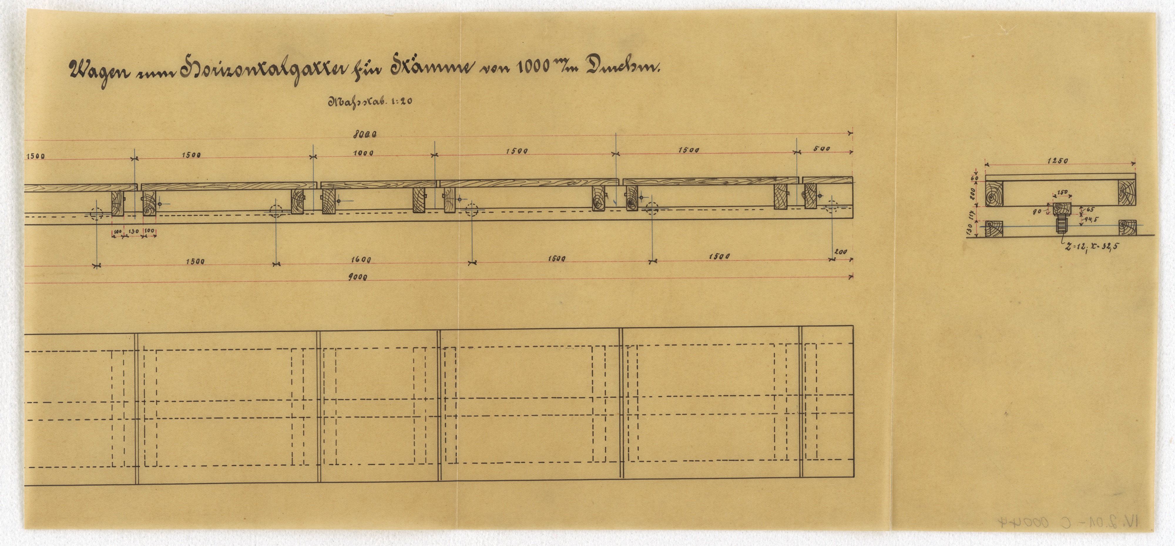 Technische Zeichnung : Wagen zum Horizontalgatter für Stämme von 1000 mm Durchmesser (Stiftung Deutsches Technikmuseum Berlin CC BY-SA)
