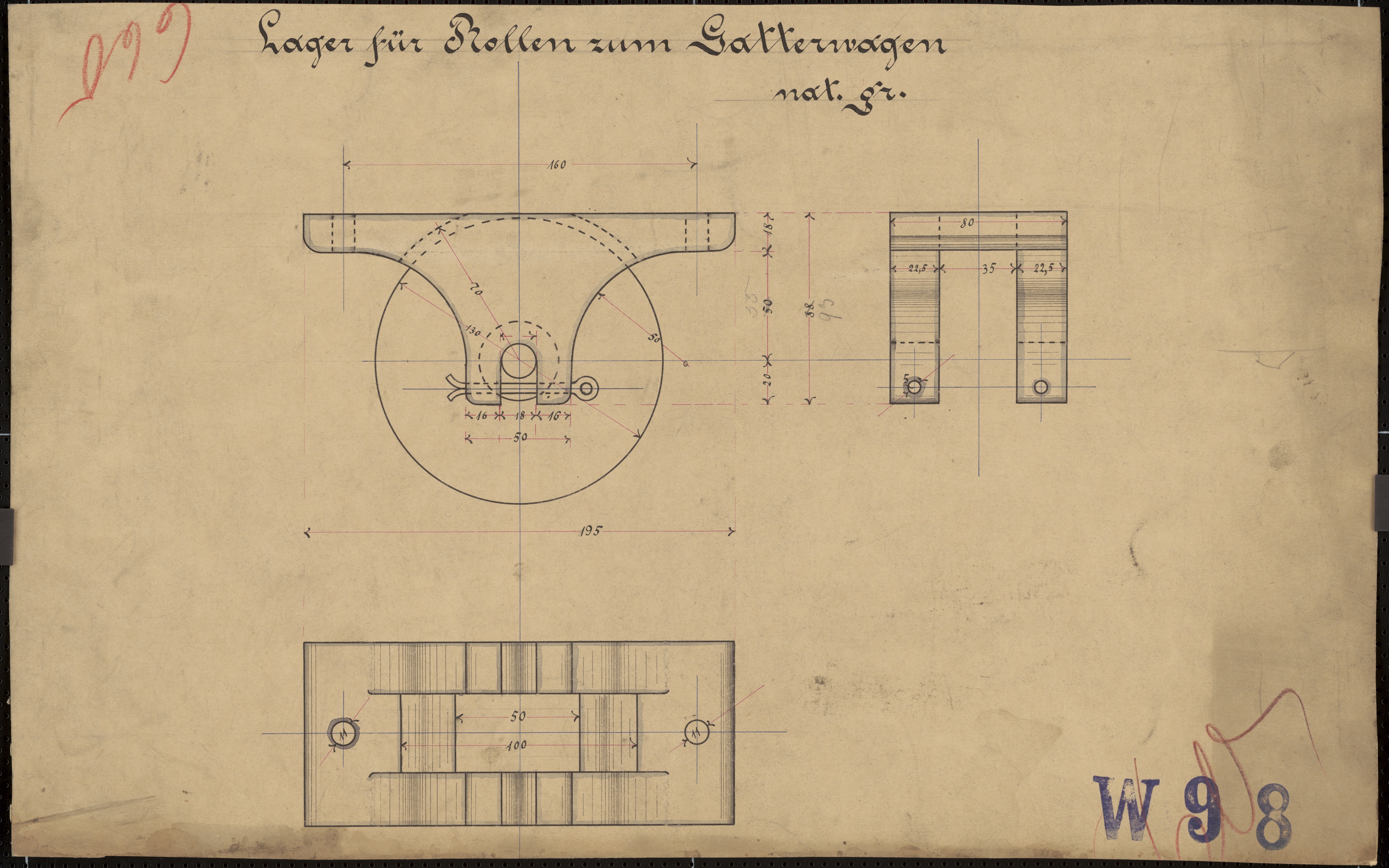 Technische Zeichnung : Lager für Rollen zum Gatterwagen (Stiftung Deutsches Technikmuseum Berlin CC BY-SA)