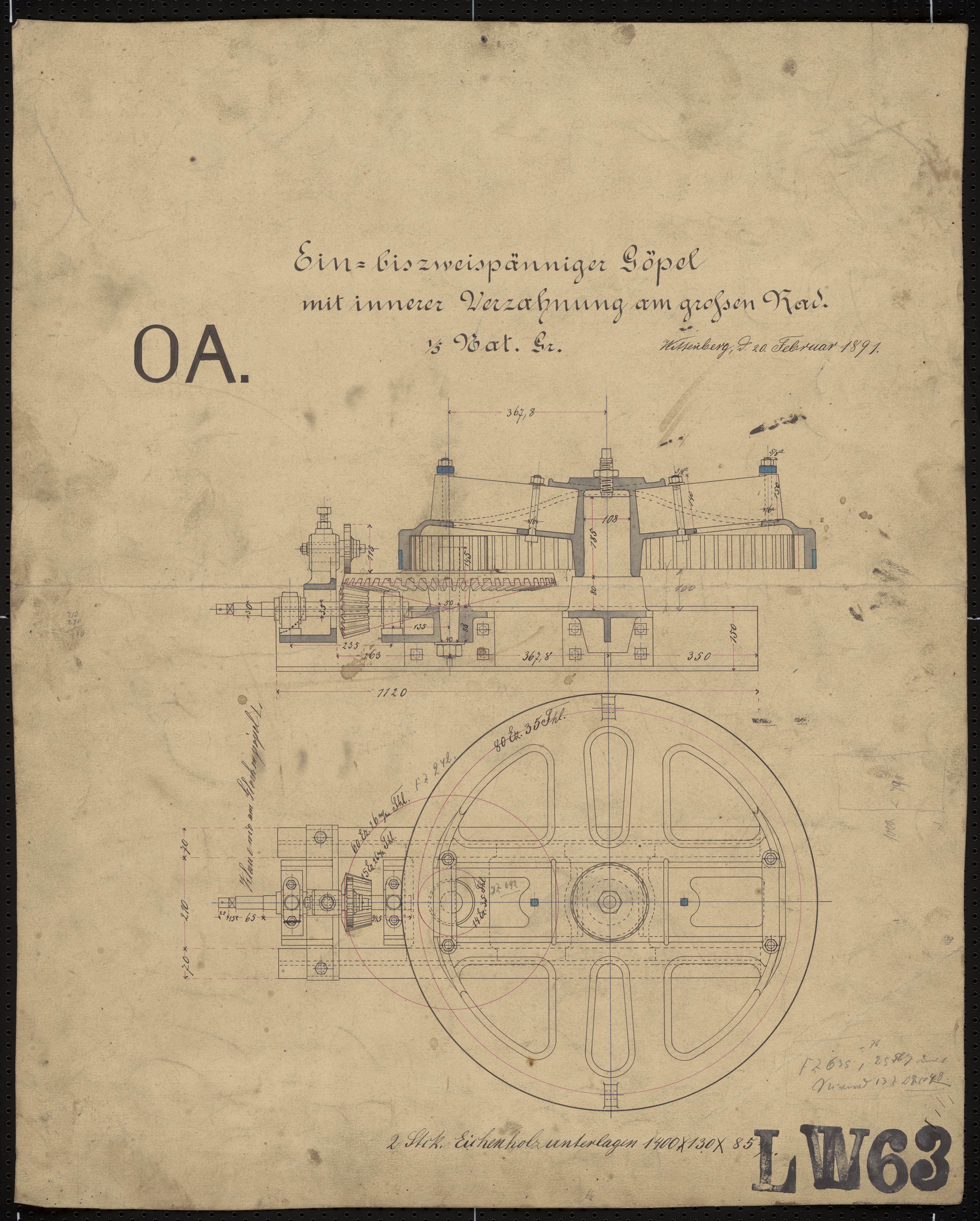 Technische Zeichnung : OA ein- bis zweispänniger Göpel mit innerer Verzahnung am großen Rad (Stiftung Deutsches Technikmuseum Berlin CC BY-SA)