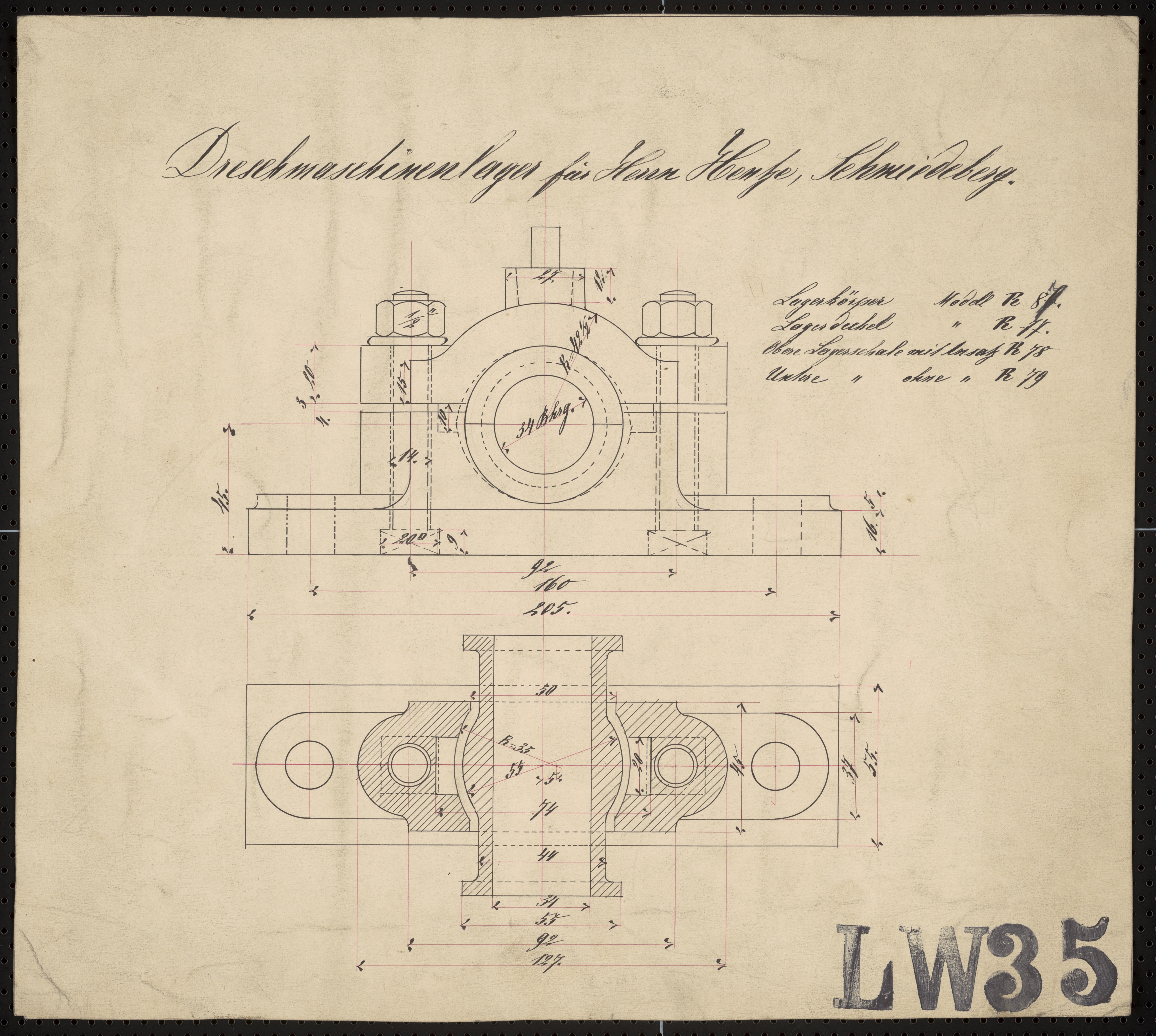 Technische Zeichnung : Dreschmaschinenlager für Herrn Hentze, Schmiedeberg (Stiftung Deutsches Technikmuseum Berlin CC BY-SA)