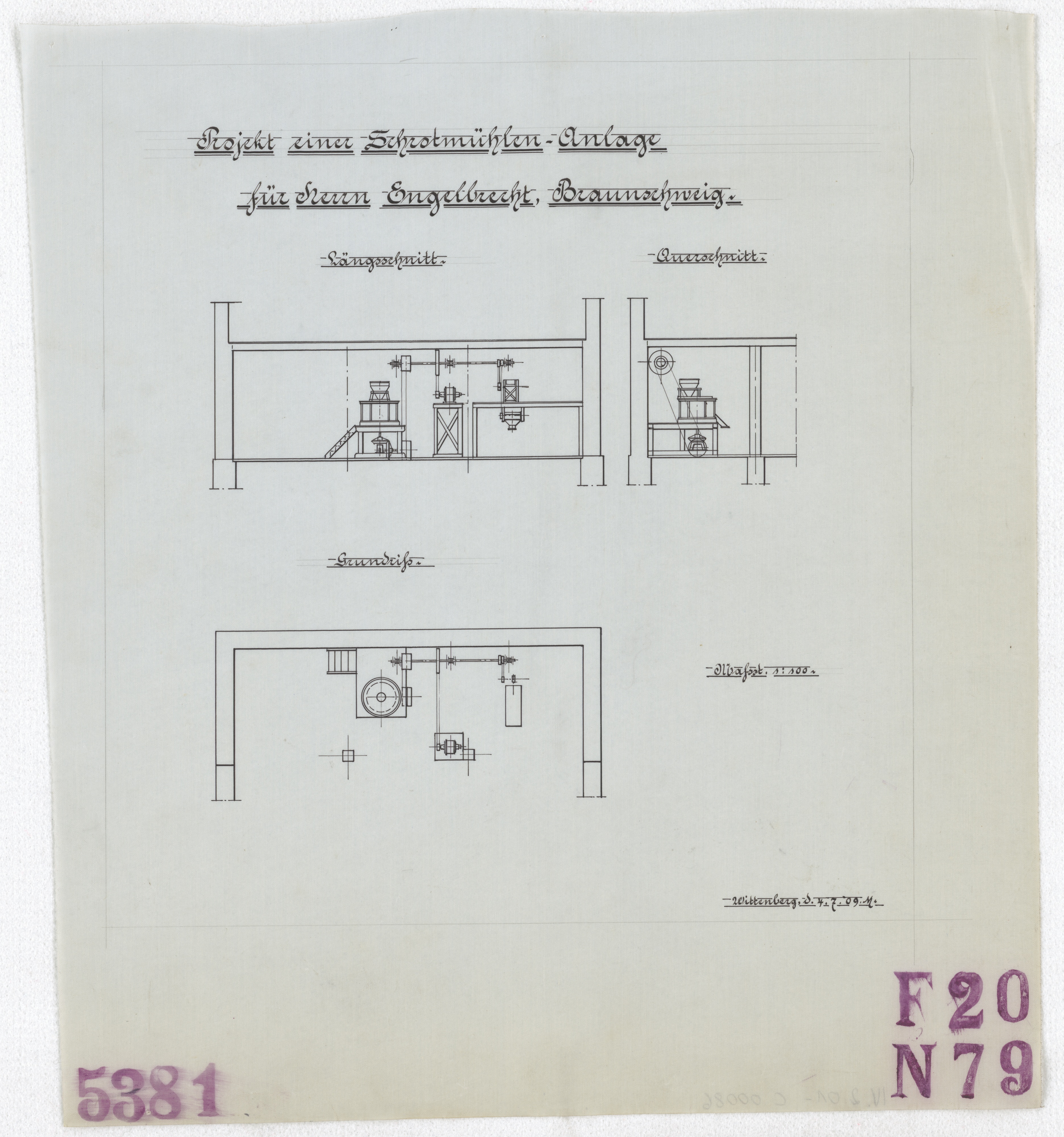 Technische Zeichnung : Projekt einer Schrotmühlen-Anlage für Herrn Engelbrecht, Braunschweig (Stiftung Deutsches Technikmuseum Berlin CC BY-SA)