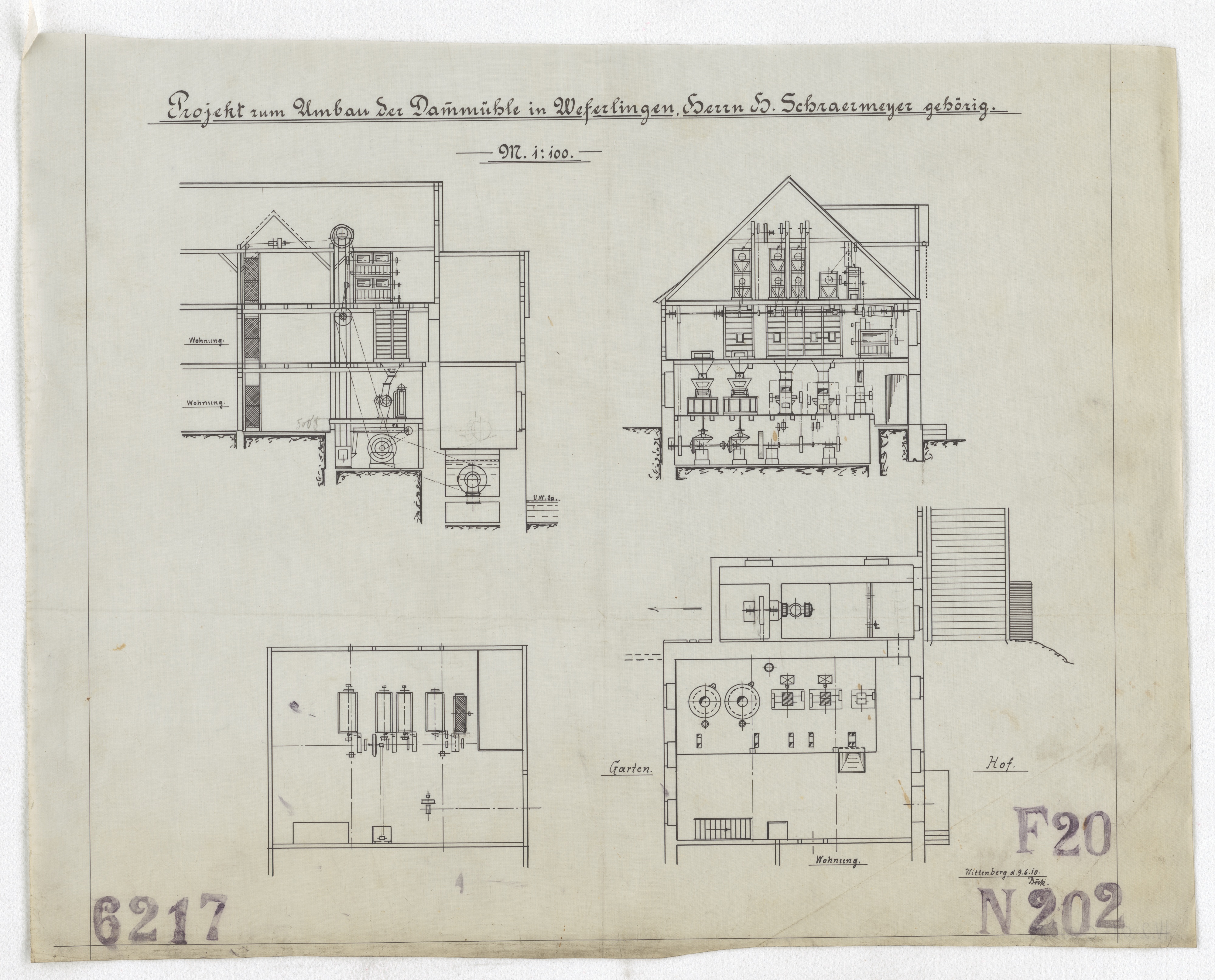 Technische Zeichnung : Projekt zum Umbau der Dammmühle in Weferlingen, Herrn H. Schraermeyer gehörig (Stiftung Deutsches Technikmuseum Berlin CC BY-SA)