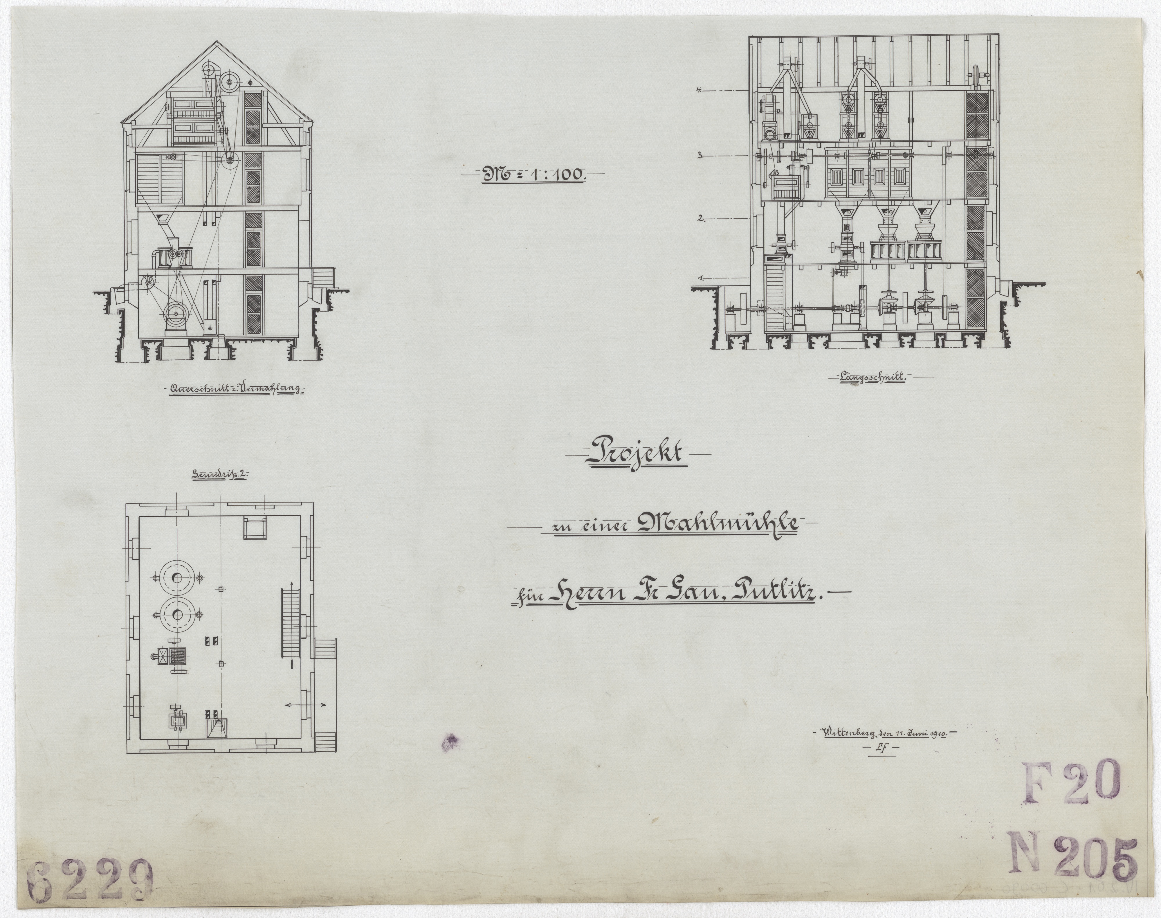 Technische Zeichnung : Projekt zu einer Mahlmühle für Herrn Friedr. Gau, Putlitz (Stiftung Deutsches Technikmuseum Berlin CC BY-SA)
