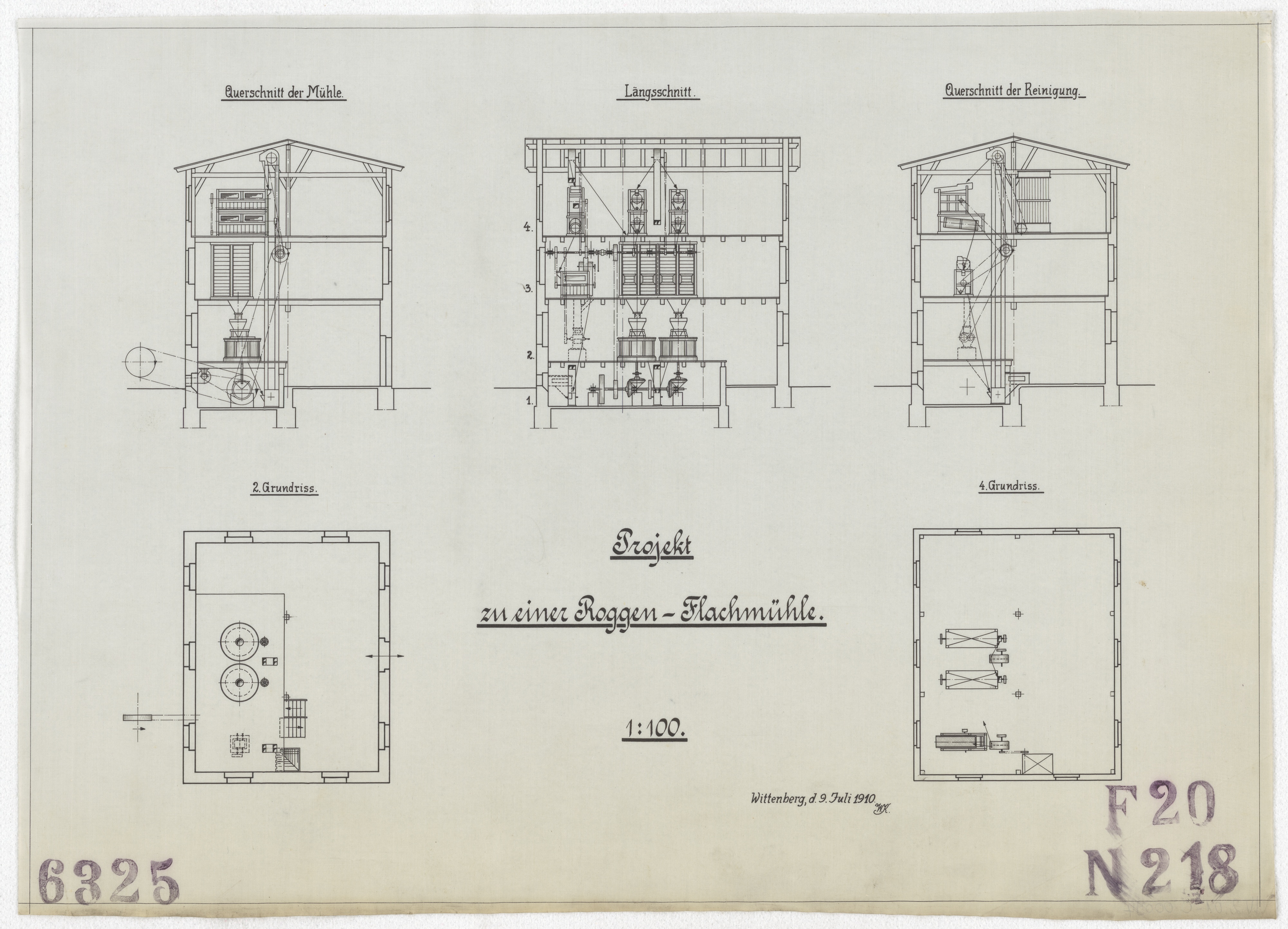 Technische Zeichnung : Projekt zu einer Roggen-Flachmühle (Stiftung Deutsches Technikmuseum Berlin CC BY-SA)