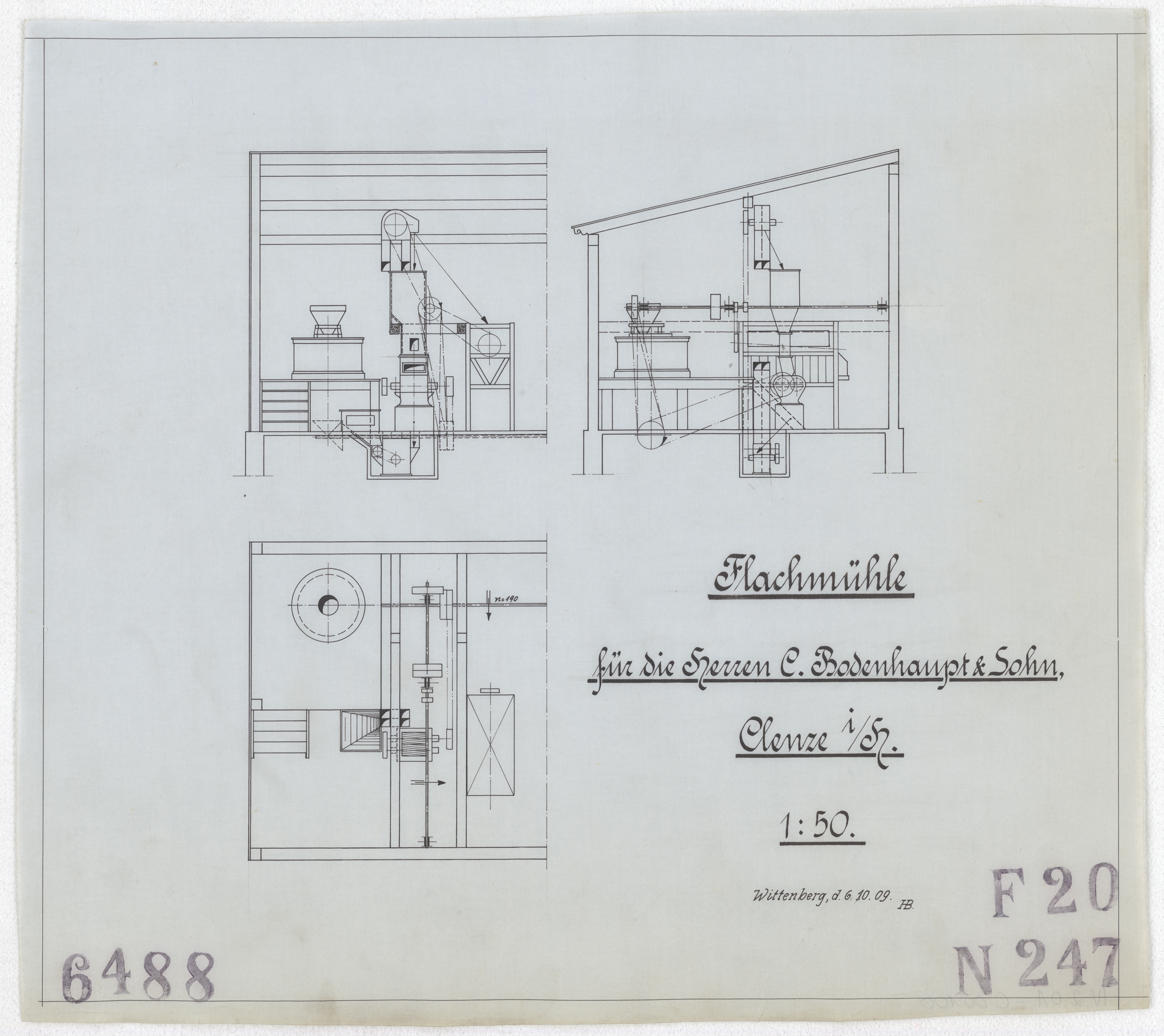 Technische Zeichnung : Flachmühle für die Herren C. Bodenhaupt & Sohn, Clenze in [der Provinz] Hannover (Stiftung Deutsches Technikmuseum Berlin CC BY-SA)