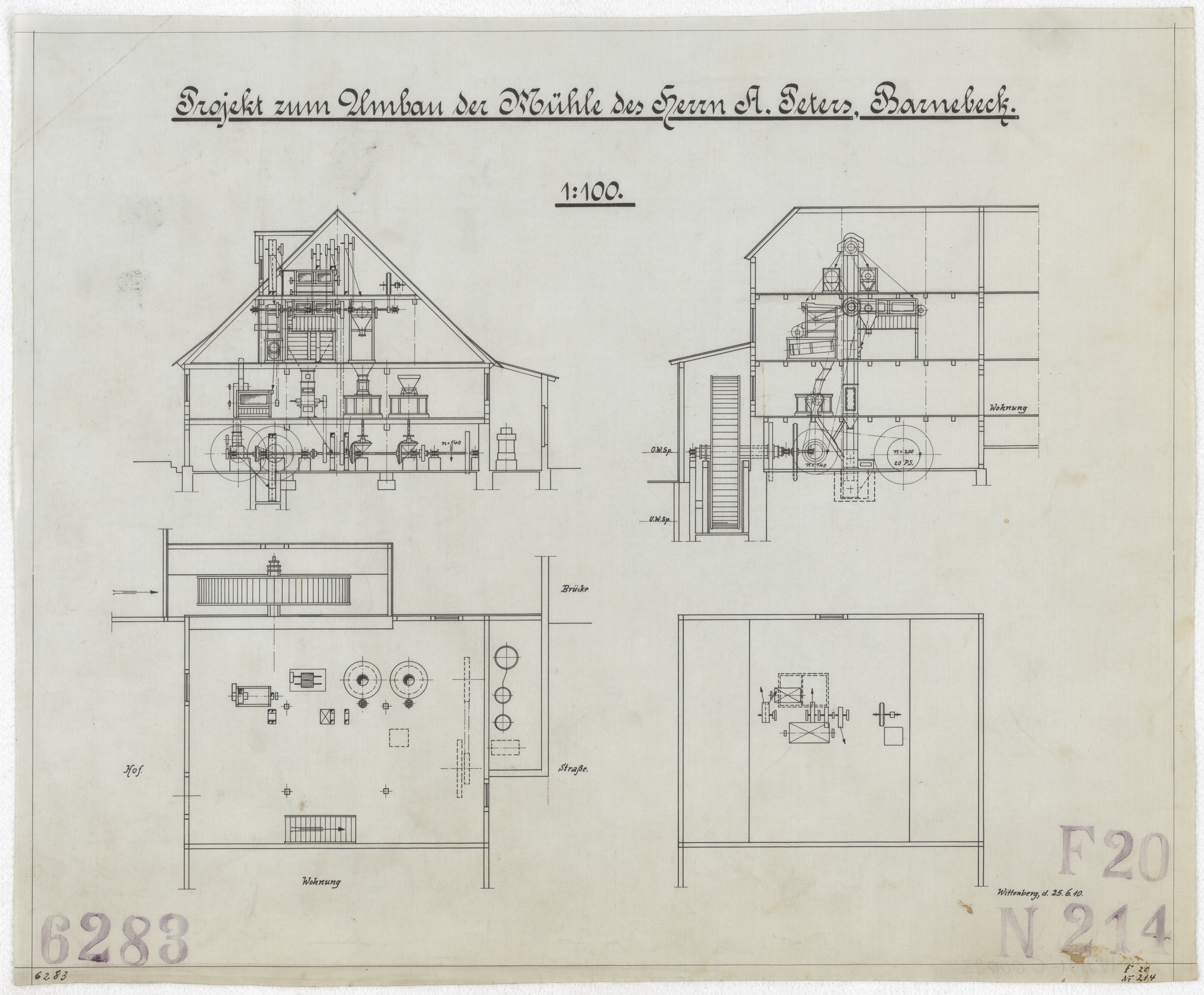 Technische Zeichnung : Projekt zum Umbau der Mühle des Herrn A. Peters, Barnebeck (Stiftung Deutsches Technikmuseum Berlin CC BY-SA)