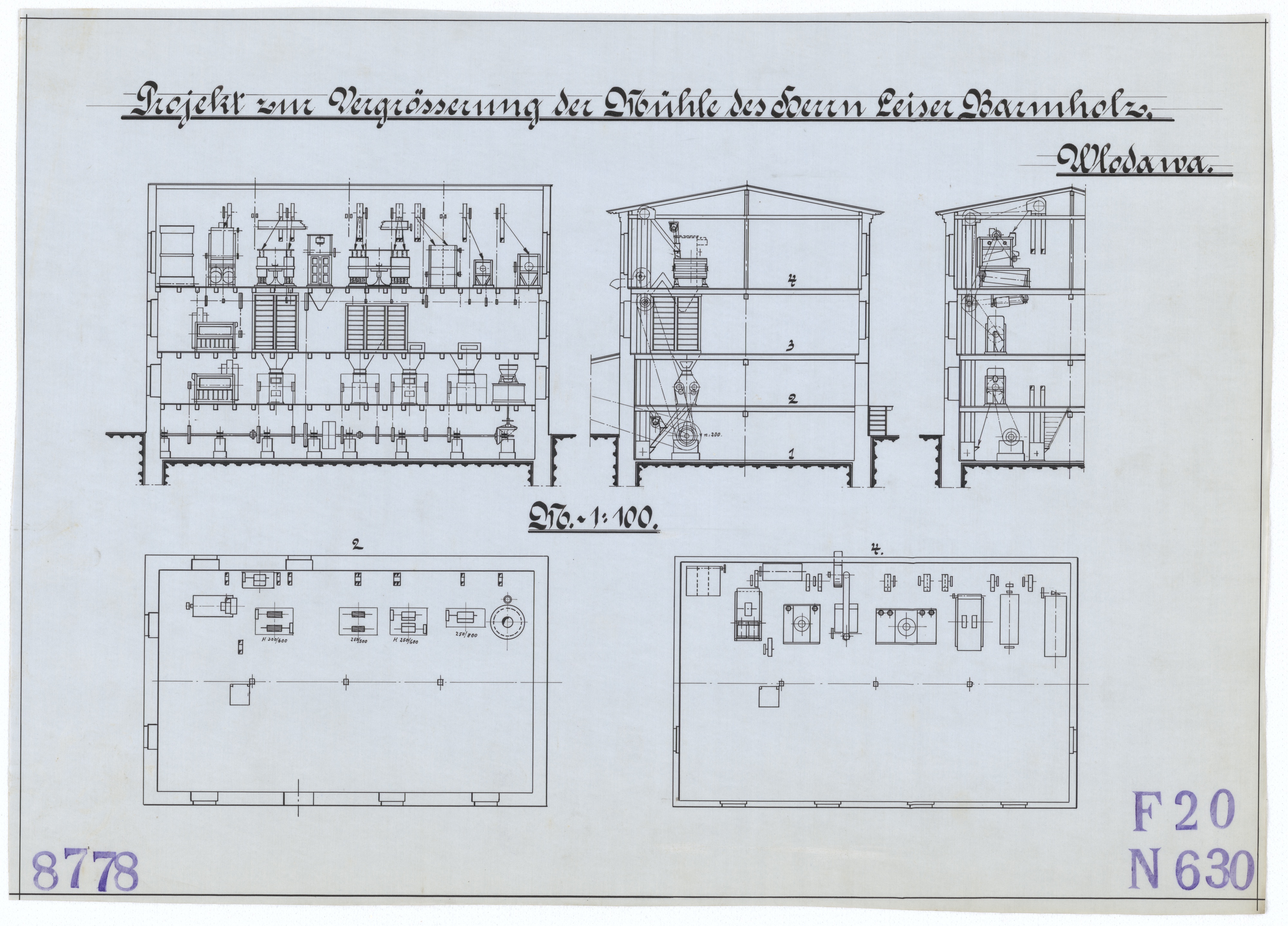 Technische Zeichnung : Projekt zur Vergrößerung der Mühle des Herrn Leiser Barmholz, Wlodawa (Stiftung Deutsches Technikmuseum Berlin CC BY-SA)