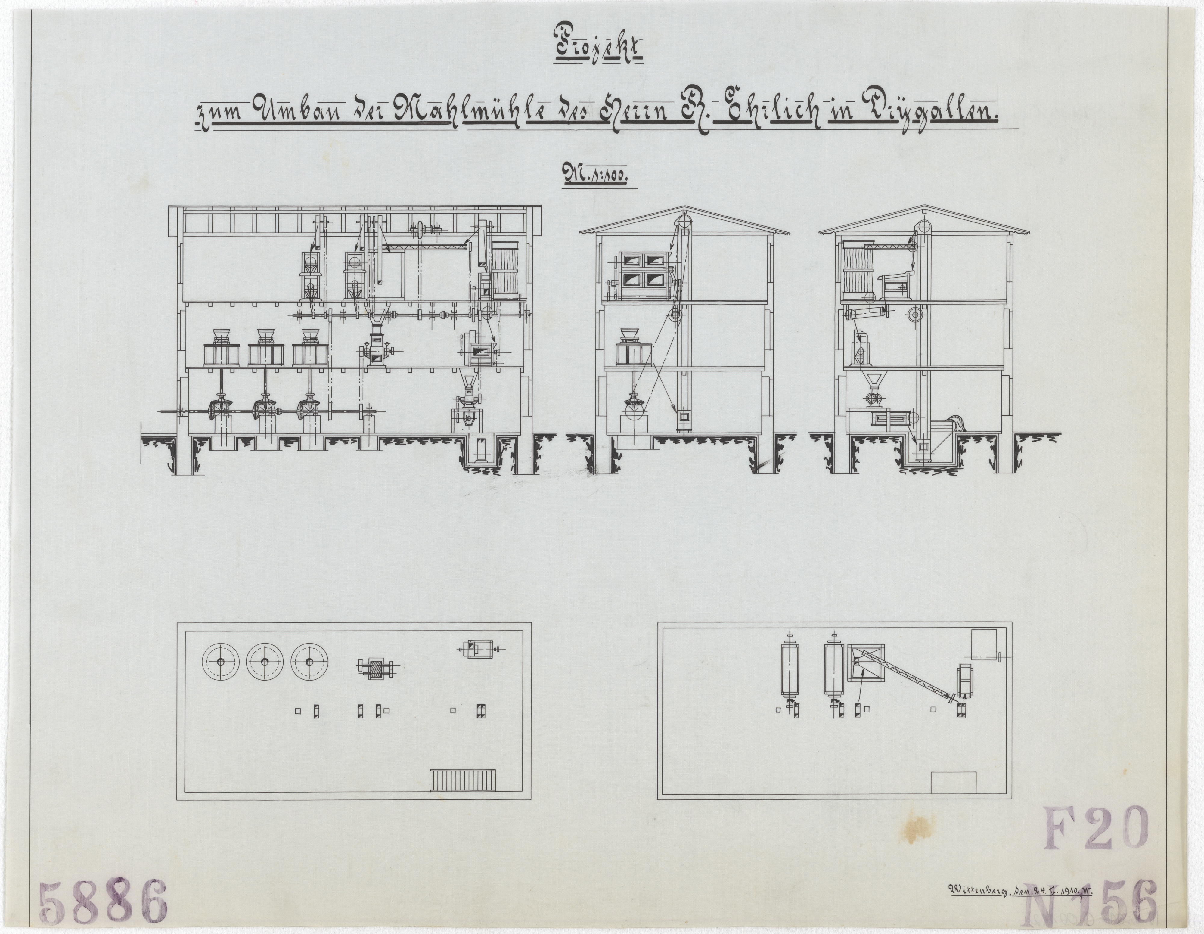 Technische Zeichnung : Projekt zum Umbau der Mahlmühle des Herrn Rich. Ehrlich in Drygallen (Stiftung Deutsches Technikmuseum Berlin CC BY-SA)