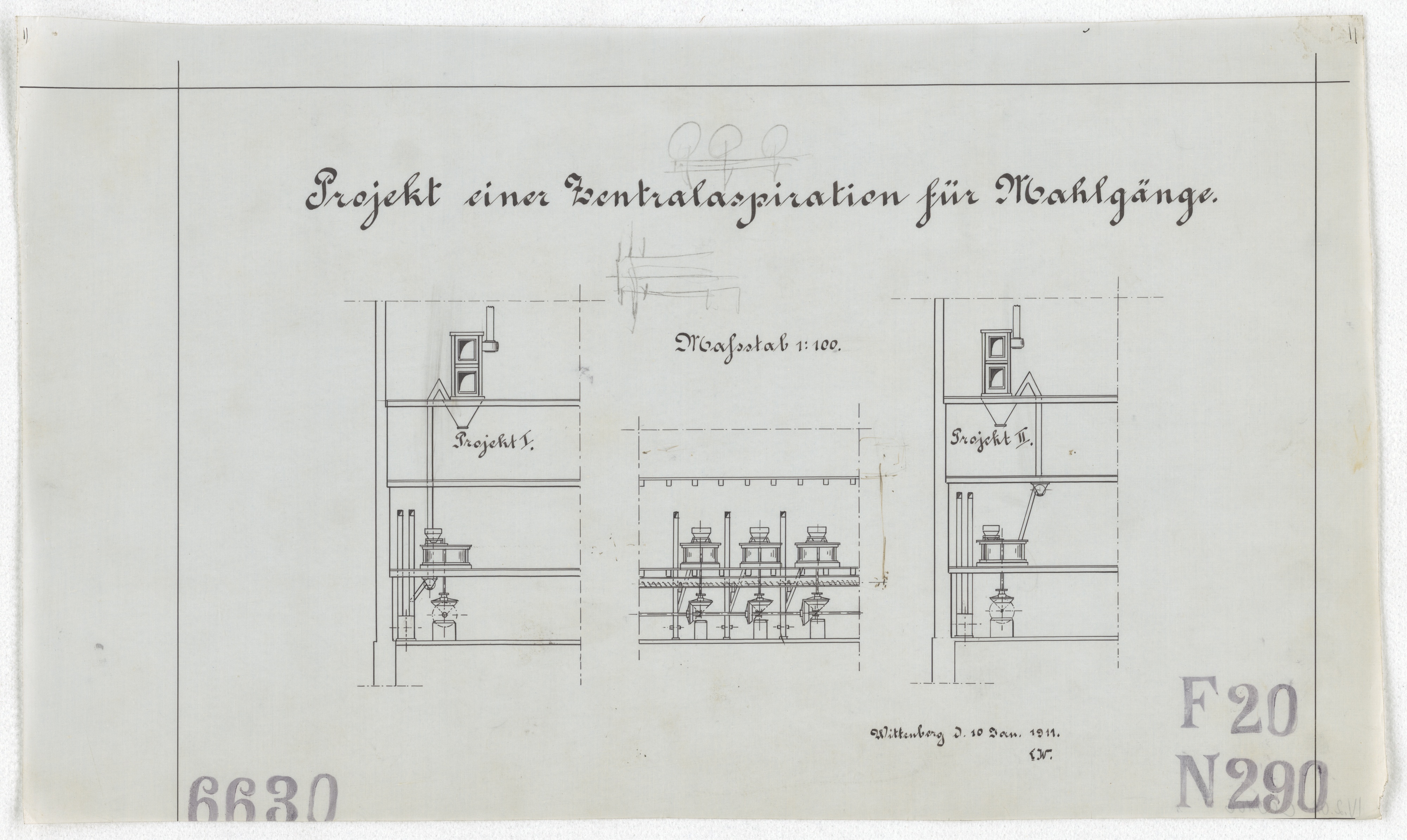Technische Zeichnung : Projekt einer Zentralaspiration für Mahlgänge (Stiftung Deutsches Technikmuseum Berlin CC BY-SA)
