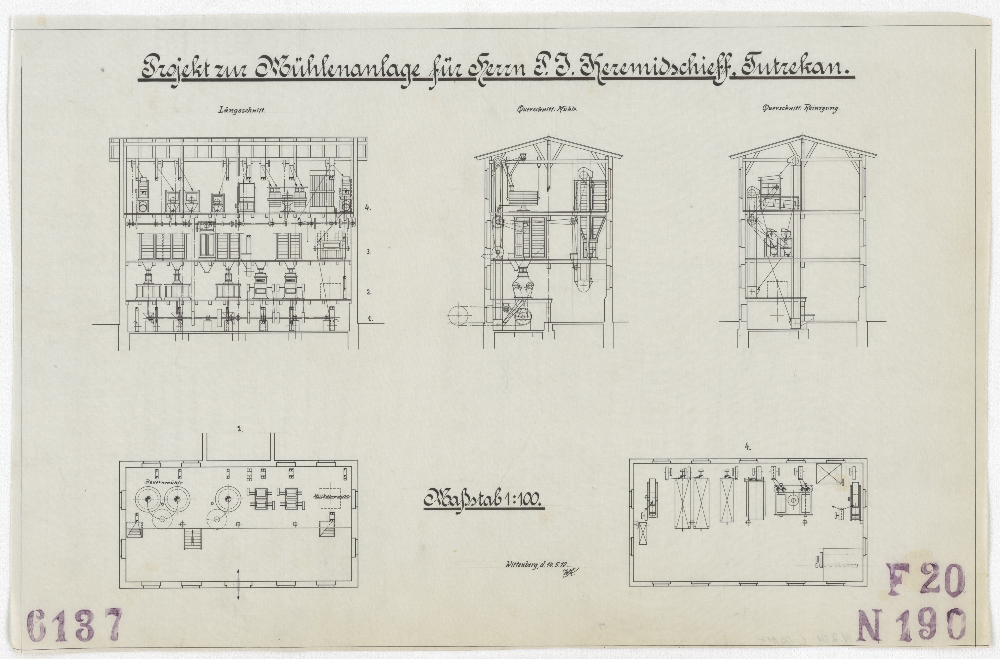 Technische Zeichnung : Projekt zur Mühlenanlage für Herrn Peter J. Keremidschieff, Tutrekan (Stiftung Deutsches Technikmuseum Berlin CC BY-SA)
