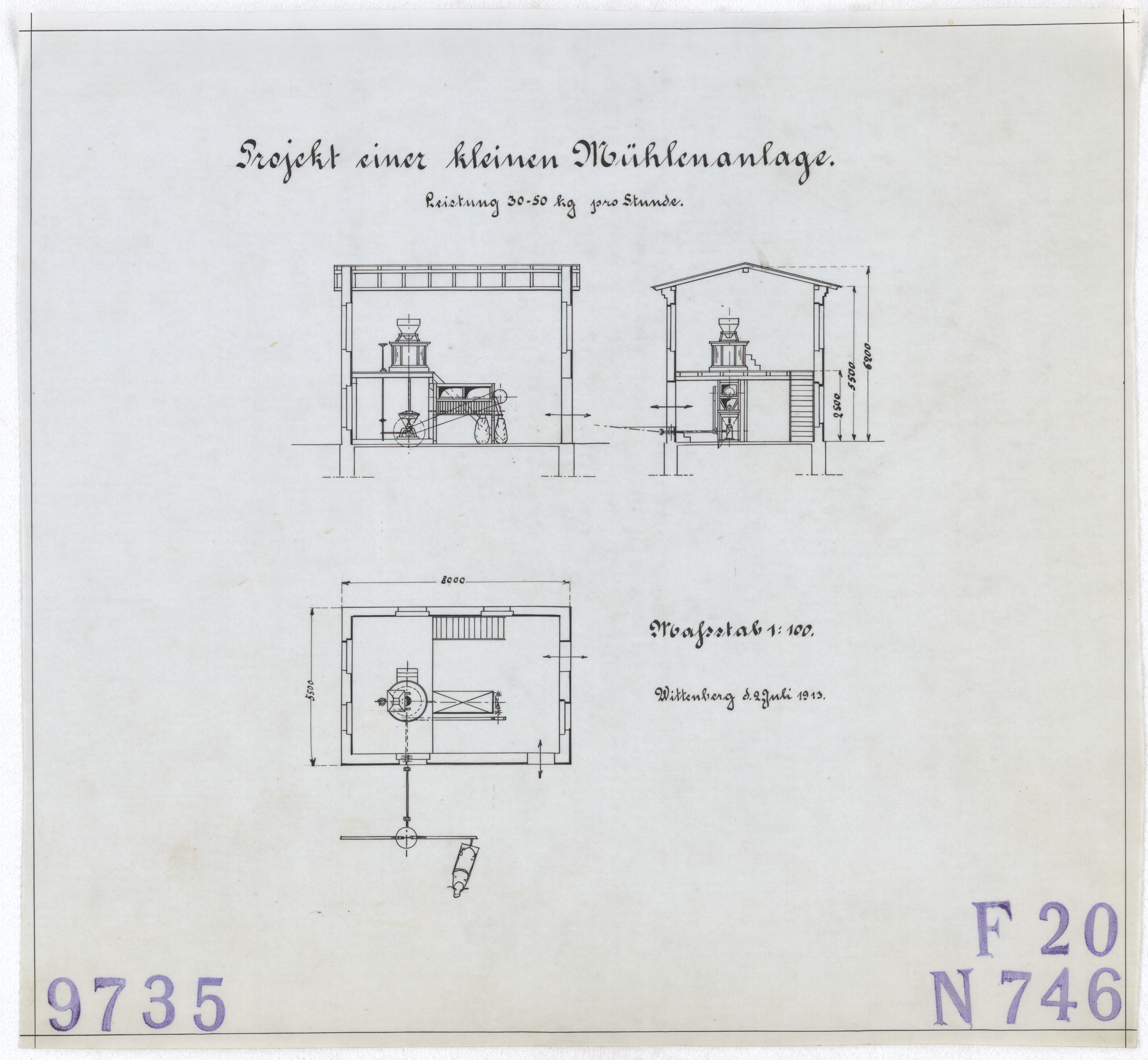 Technische Zeichnung : Projekt einer kleinen Mühlenanlage. Leistung 30-50 kg pro Stunde (Stiftung Deutsches Technikmuseum Berlin CC BY-SA)