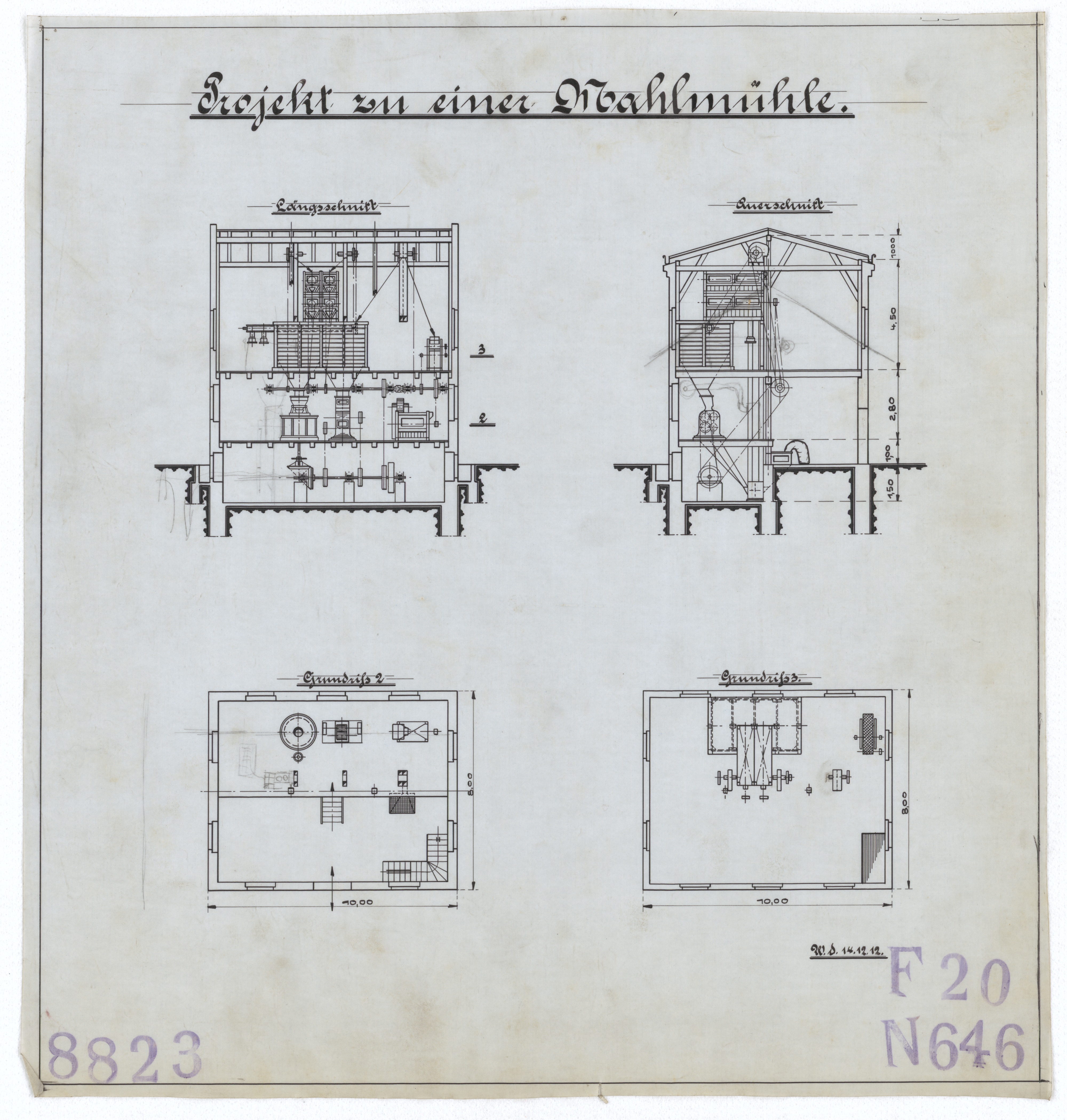 Technische Zeichnung : Projekt zu einer Mahlmühle (Stiftung Deutsches Technikmuseum Berlin CC BY-SA)