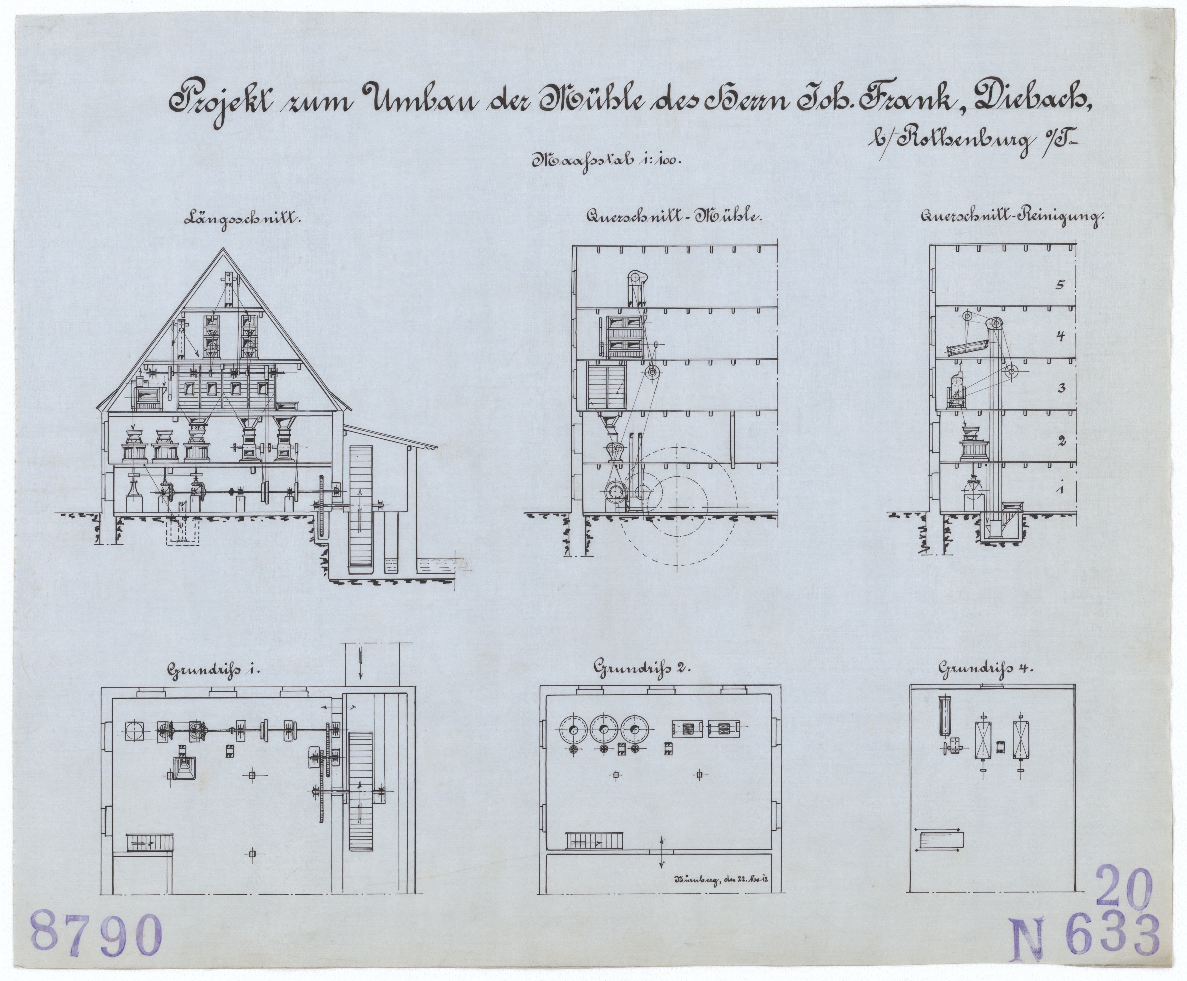 Technische Zeichnung : Projekt zum Umbau der Mühle des Herrn Joh. Frank, Diebach bei Rothenburg ob der Tauber (Stiftung Deutsches Technikmuseum Berlin CC BY-SA)