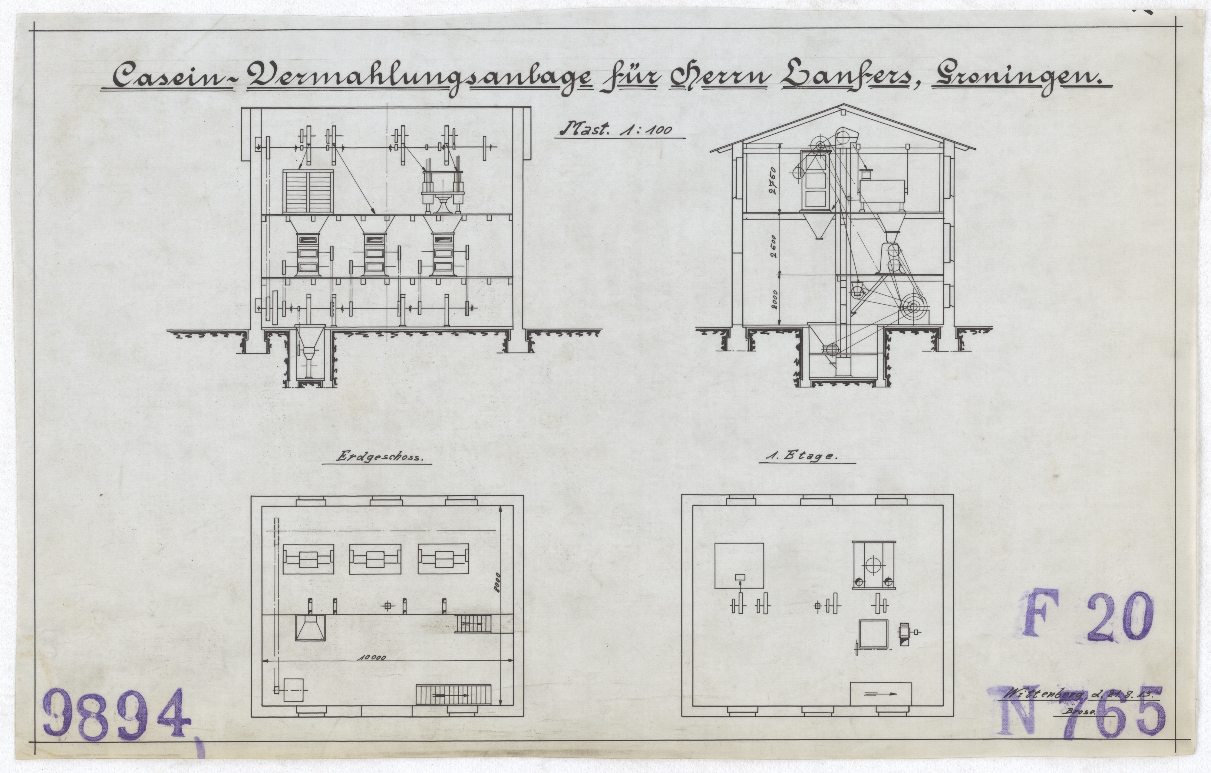 Technische Zeichnung : Casein-Vermahlungsanlage für Herrn Lanfers, Groningen (Stiftung Deutsches Technikmuseum Berlin CC BY-SA)
