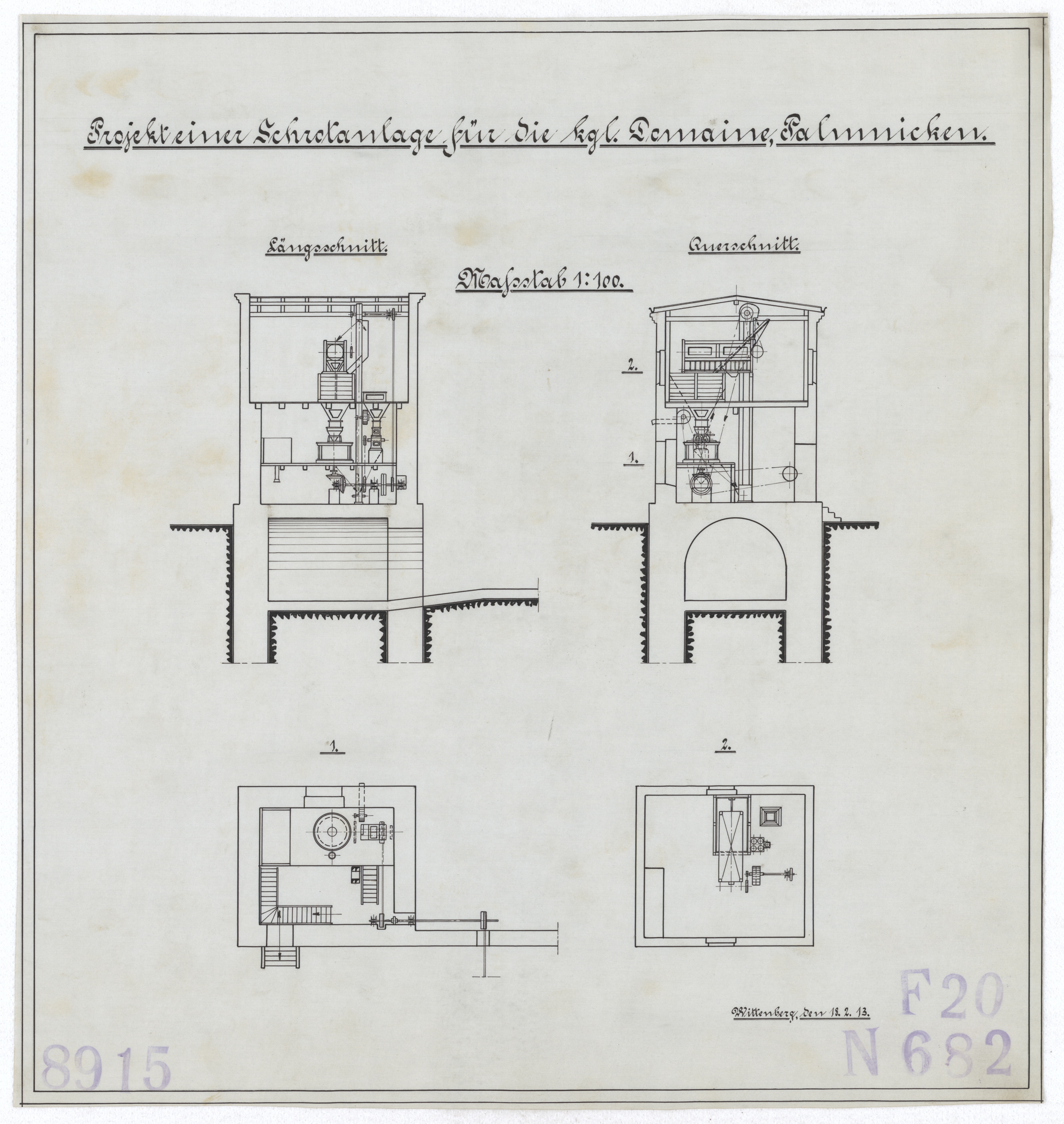 Technische Zeichnung : Projekt einer Schrotanlage für die königliche Domäne, Palmnicken (Stiftung Deutsches Technikmuseum Berlin CC BY-SA)