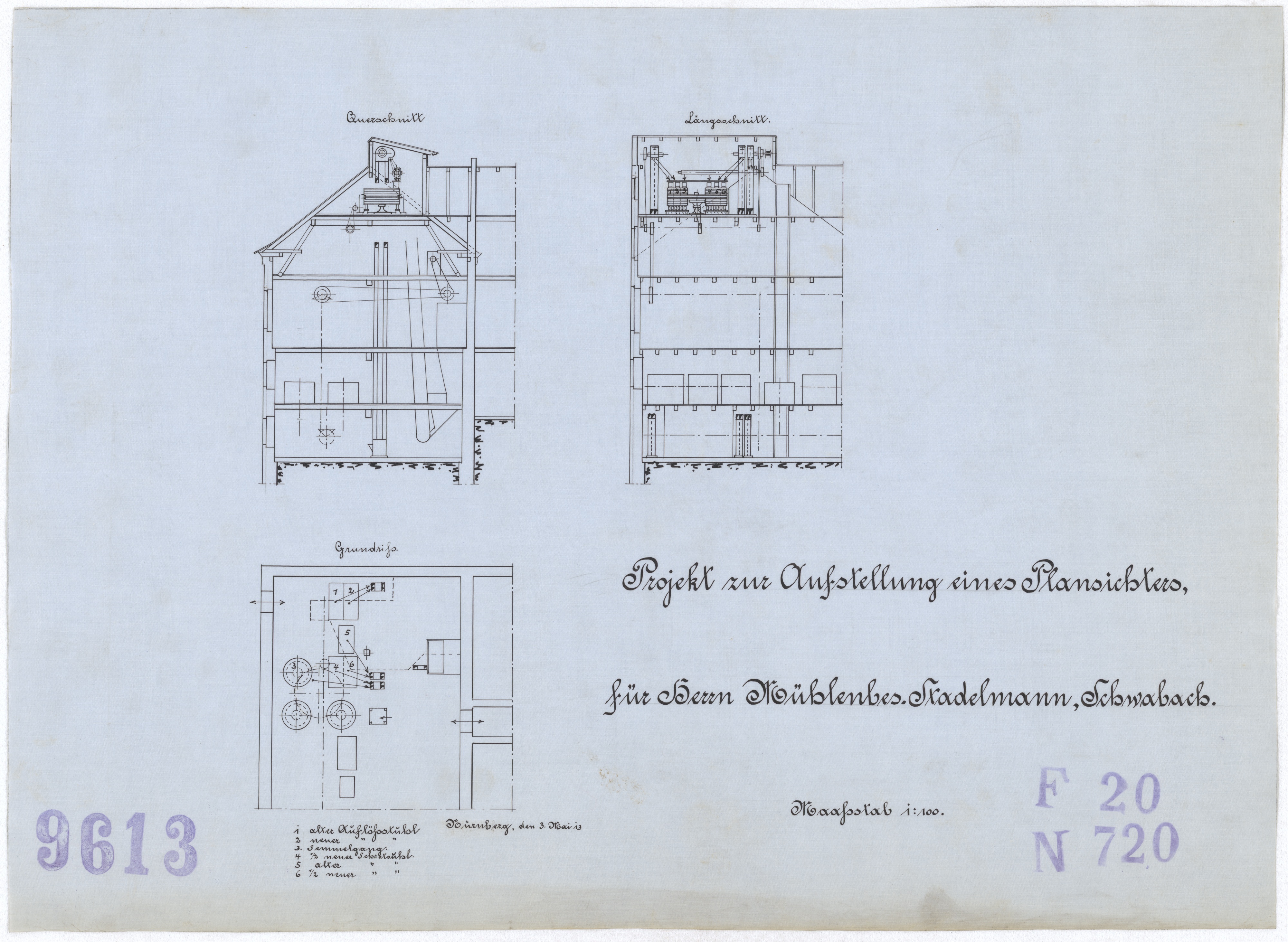 Technische Zeichnung : Projekt zur Aufstellung eines Plansichters für Herrn Mühlenbesitzer Stadelmann, Schwabach (Stiftung Deutsches Technikmuseum Berlin CC BY-SA)
