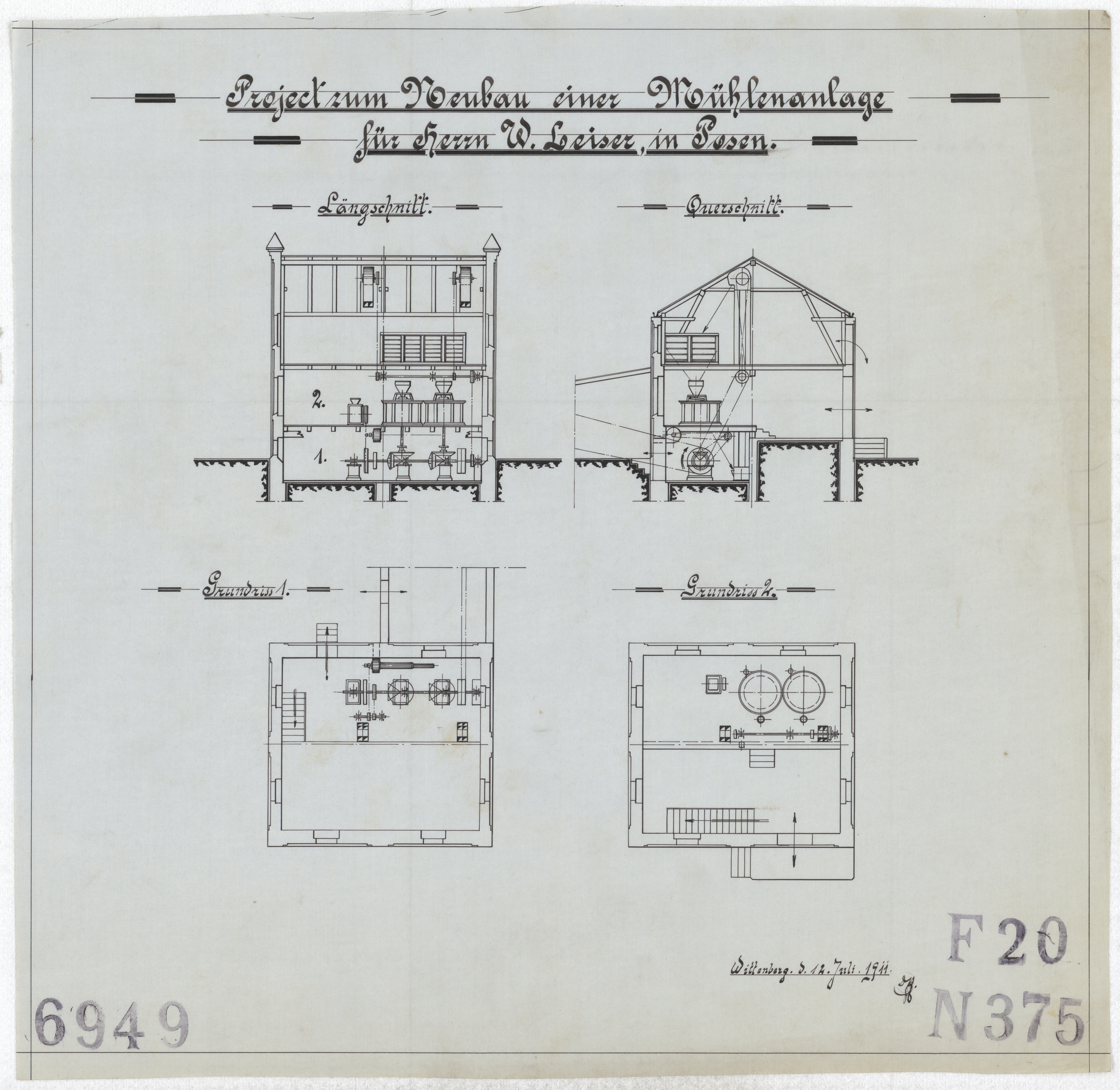 Technische Zeichnung : Projekt zum Neubau einer Mühlenanlage für Herrn W. Leiser, in Posen (Stiftung Deutsches Technikmuseum Berlin CC BY-SA)