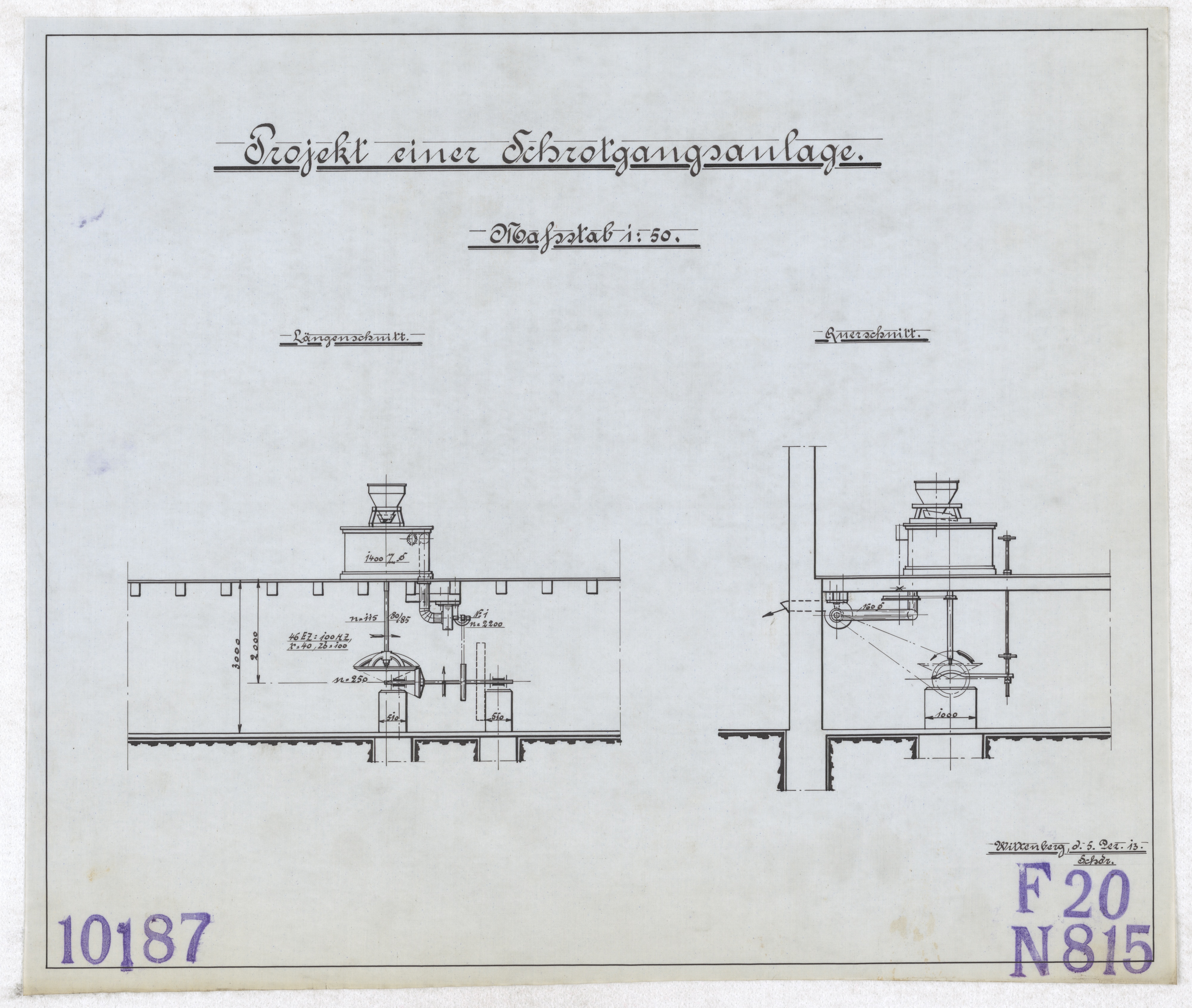 Technische Zeichnung : Projekt einer Schrotganganlage (Stiftung Deutsches Technikmuseum Berlin CC BY-SA)