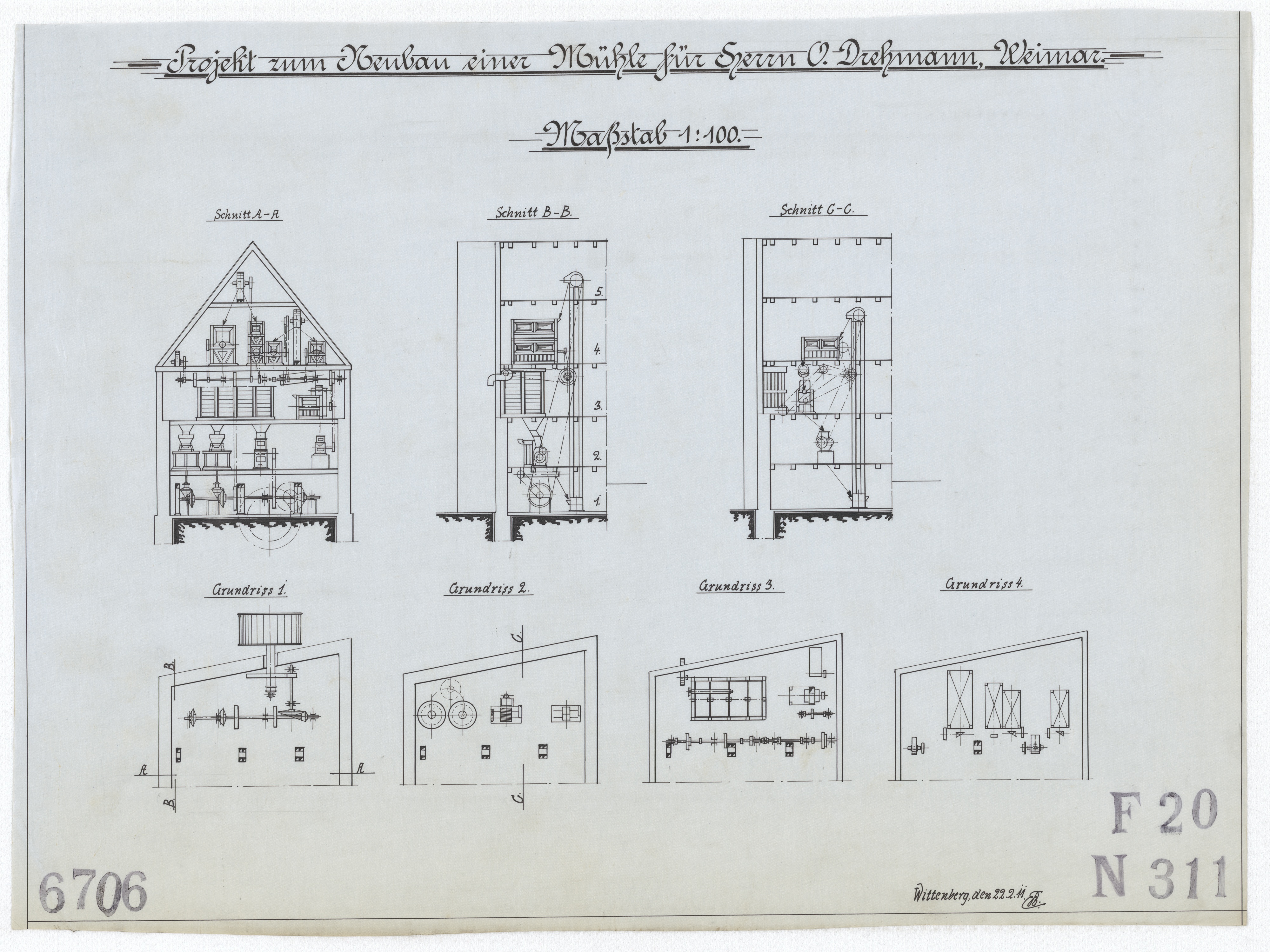 Technische Zeichnung : Projekt zum Neubau einer Mühle für Herrn Otto Drehmann, Weimar (Stiftung Deutsches Technikmuseum Berlin CC BY-SA)