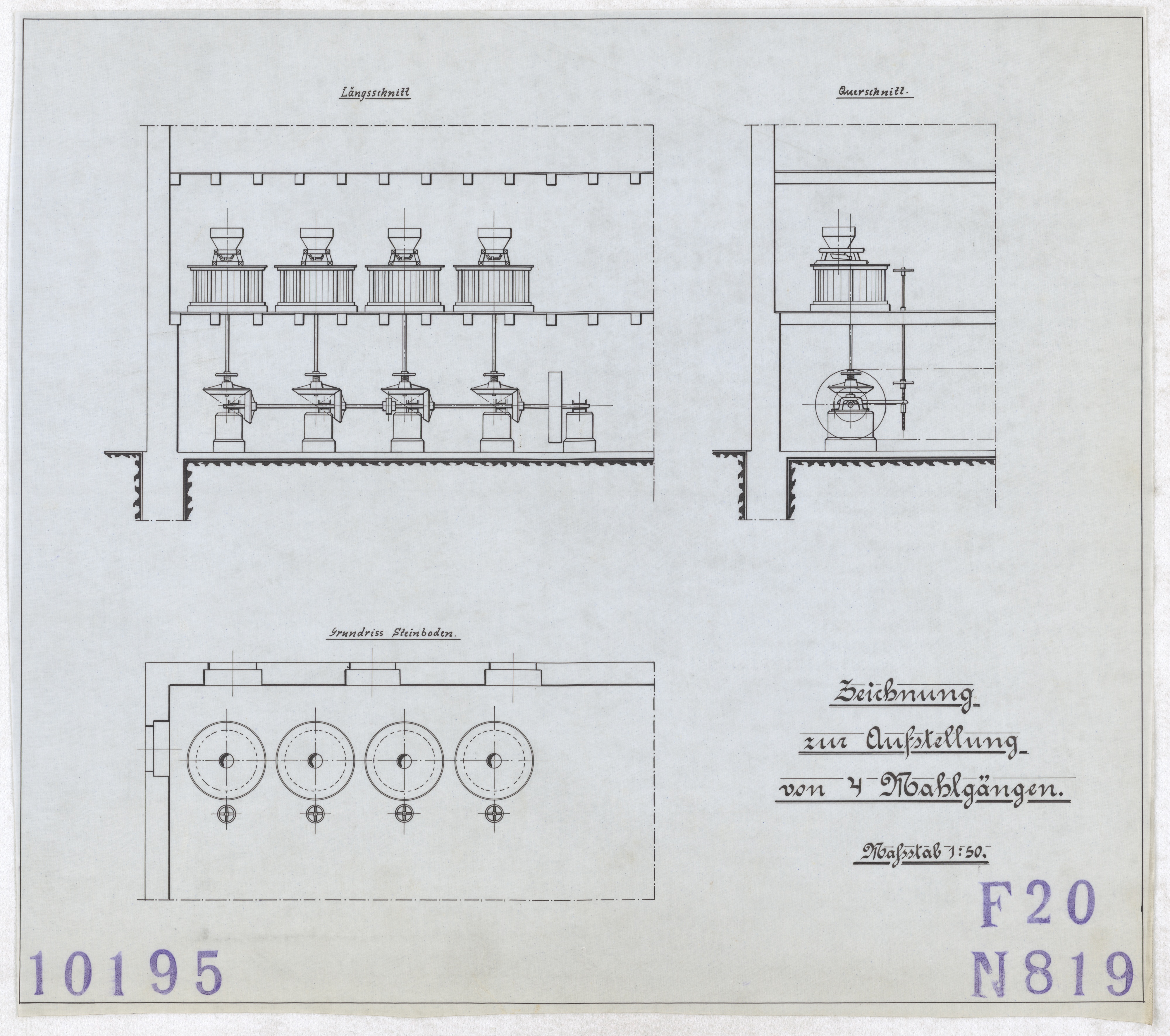 Technische Zeichnung : Zeichnung zur Aufstellung von vier Mahlgängen (Stiftung Deutsches Technikmuseum Berlin CC BY-SA)