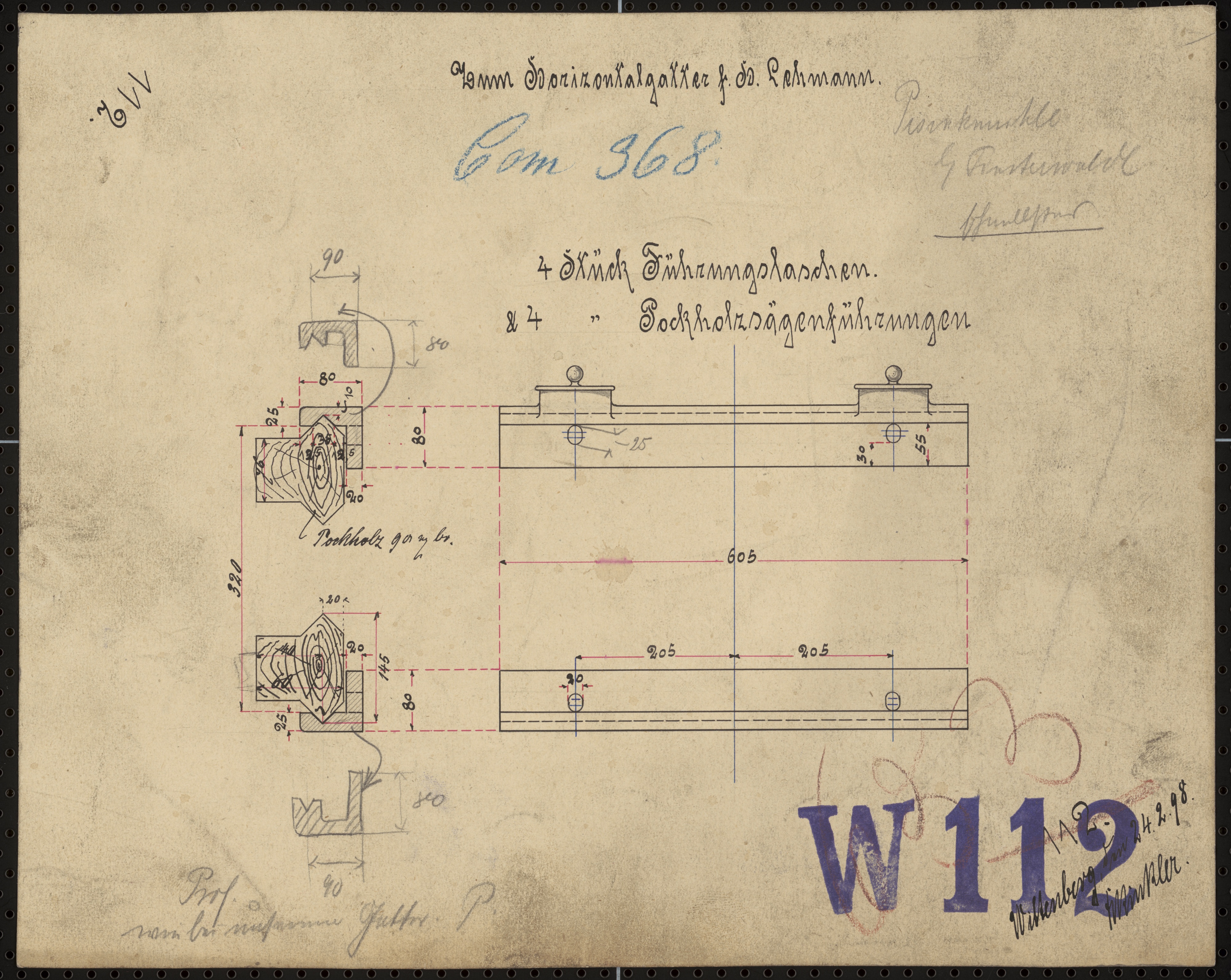 Technische Zeichnung : Zum Horizontalgatter für Herrn Lehmann, Pisigkmühle bei Finsterwalde (Stiftung Deutsches Technikmuseum Berlin CC BY-SA)