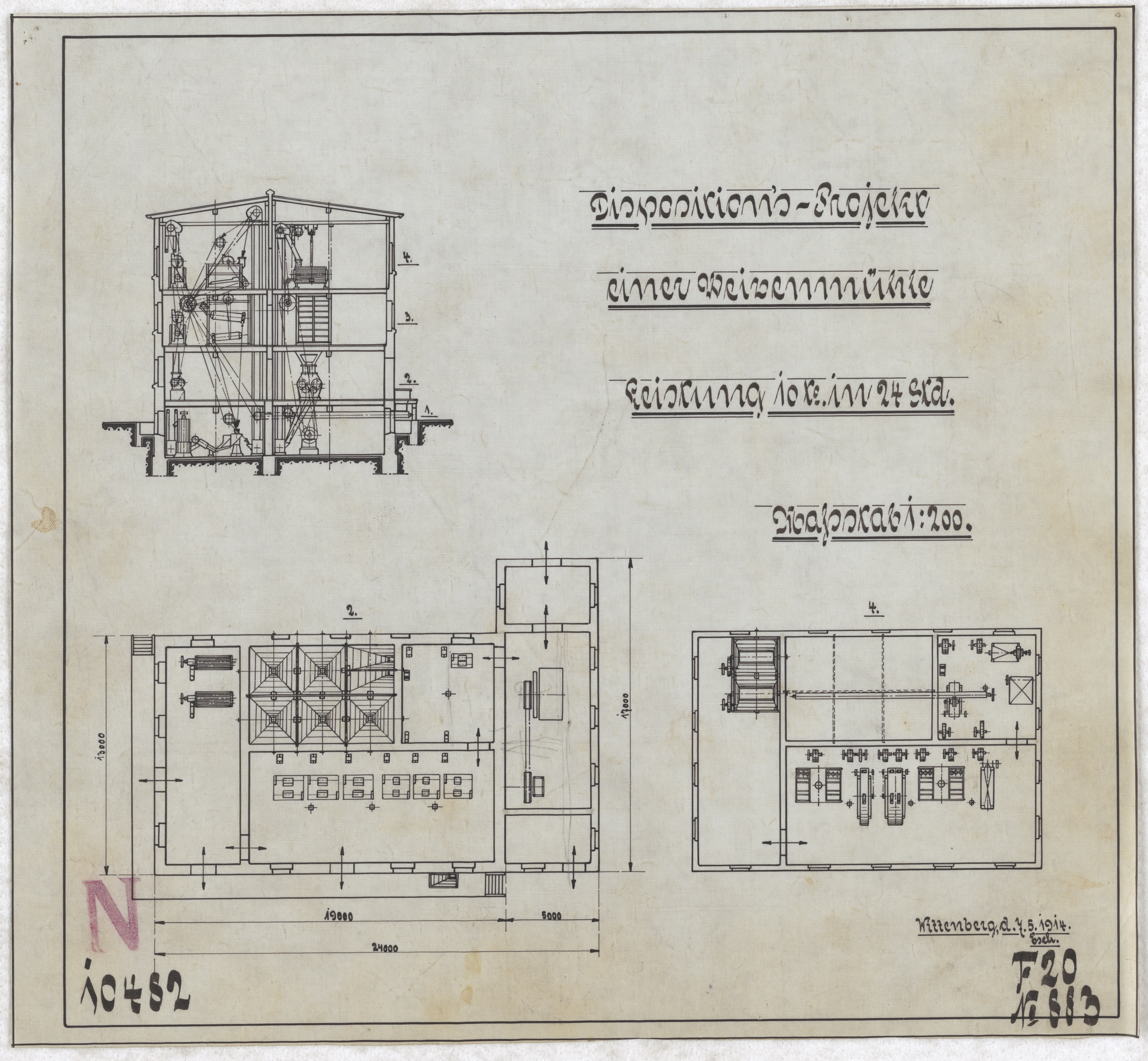 Technische Zeichnung : Dispositions-Projekt einer Weizenmühle[,] Leistung 10 t in 24 Stunden (Stiftung Deutsches Technikmuseum Berlin CC BY-SA)