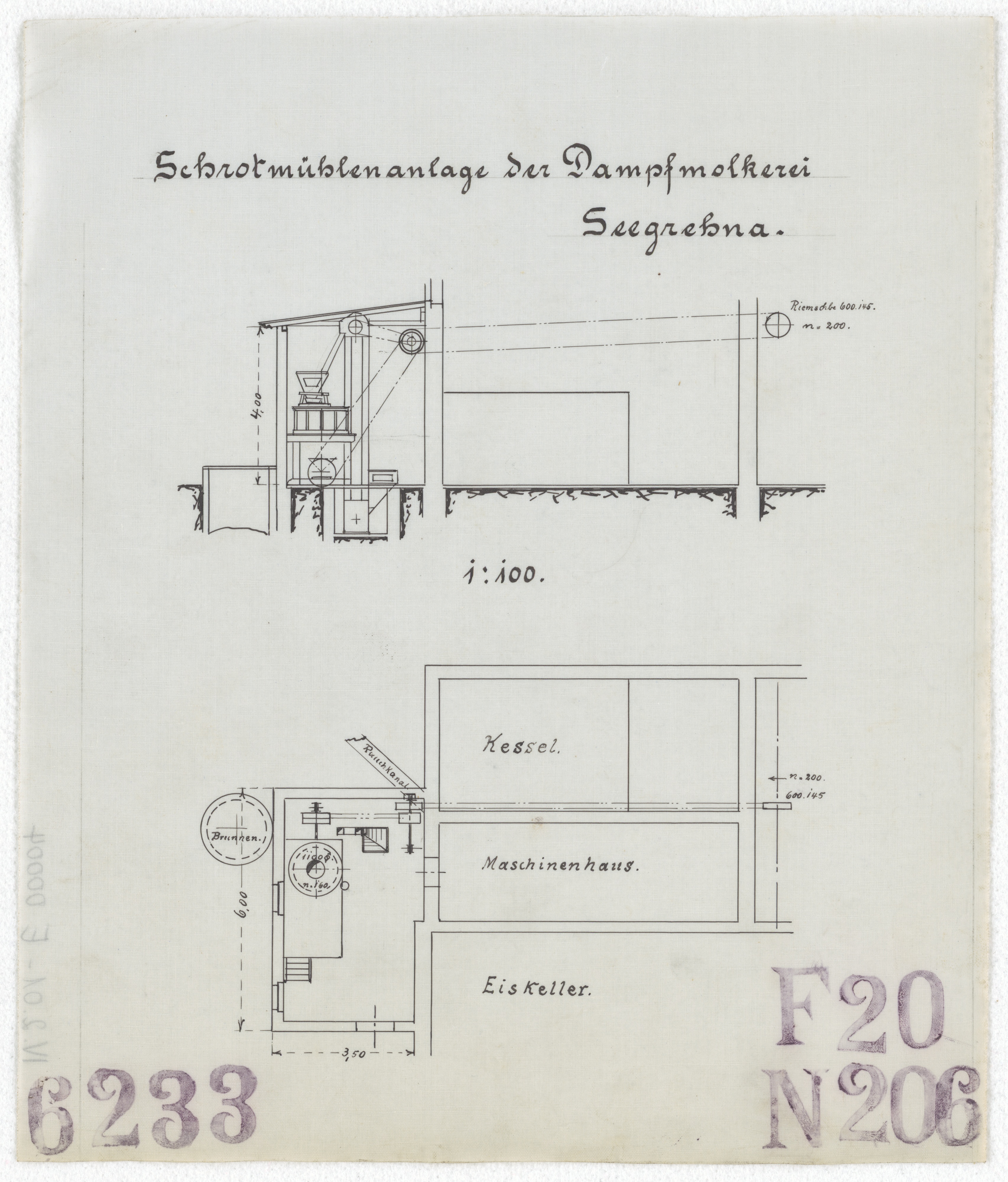 Technische Zeichnung : Schrotmühlenanlage der Dampfmolkerei Seegrehna (Stiftung Deutsches Technikmuseum Berlin CC BY-SA)