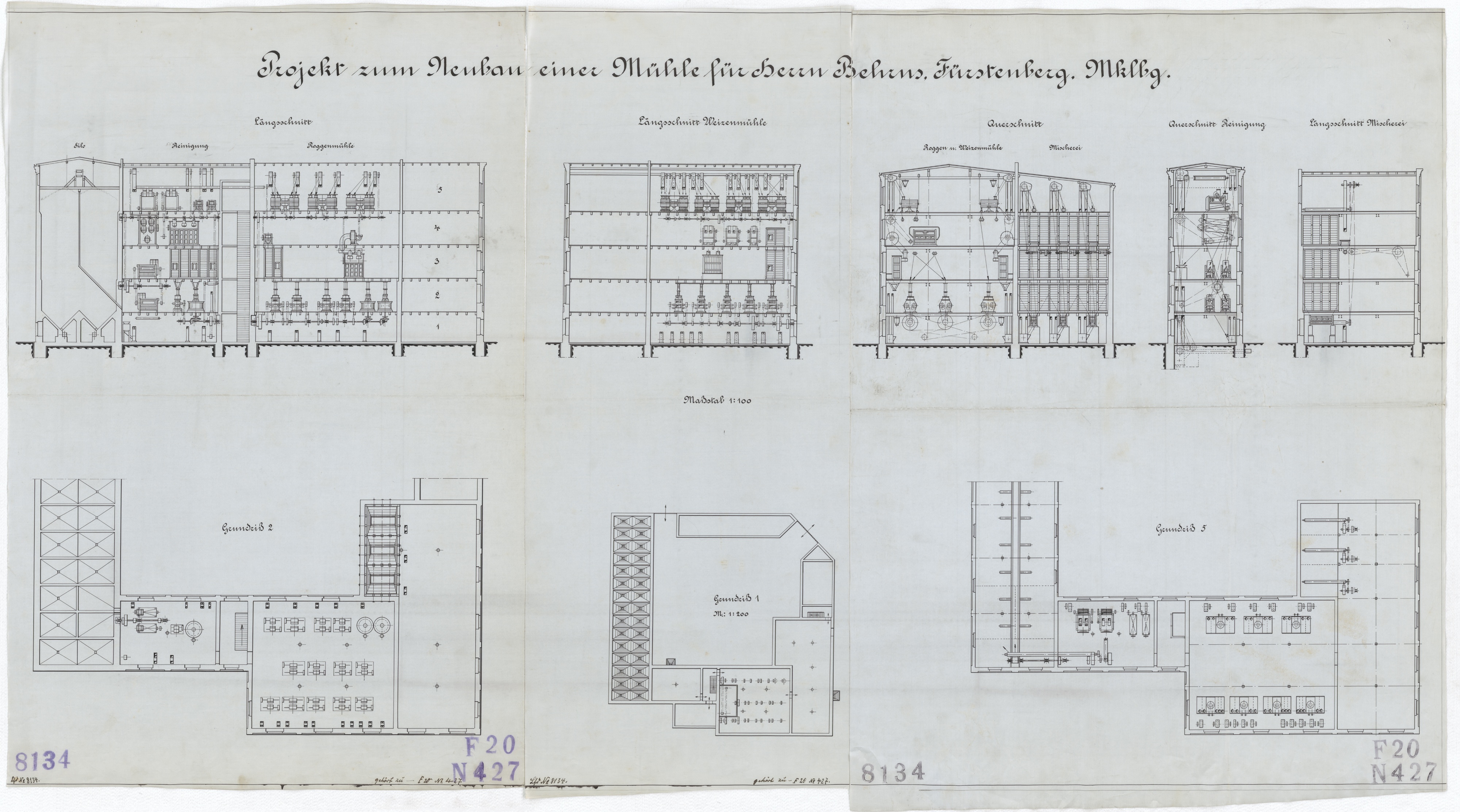 Technische Zeichnung : Projekt zum Neubau einer Mühle für Herrn Behrns, Fürstenberg, Mecklenburg (Stiftung Deutsches Technikmuseum Berlin CC BY-SA)