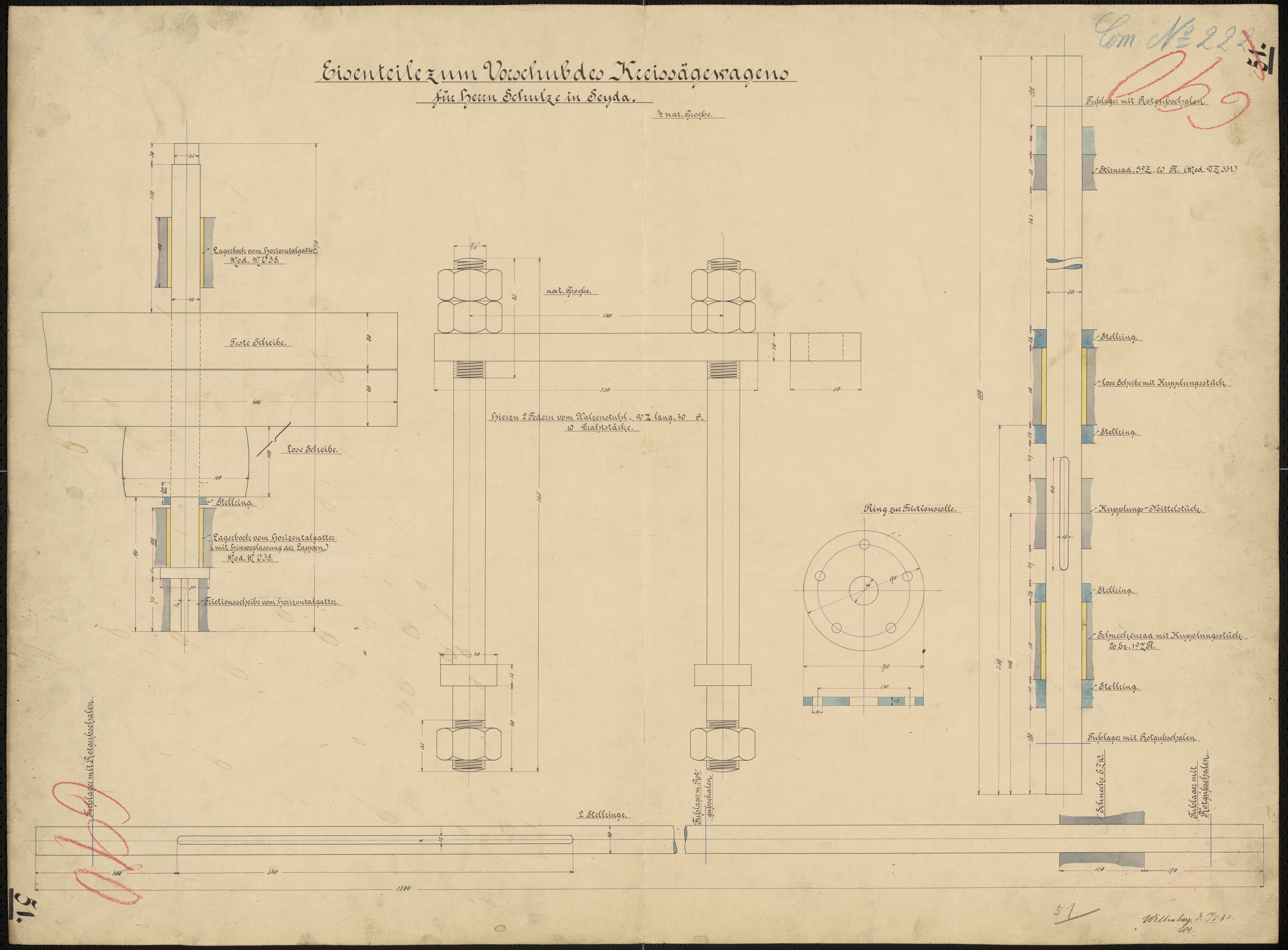 Technische Zeichnung : Eisenteile zum Vorschub des Kreissägewagens für Herrn Schulze in Seyda (Stiftung Deutsches Technikmuseum Berlin CC BY-SA)