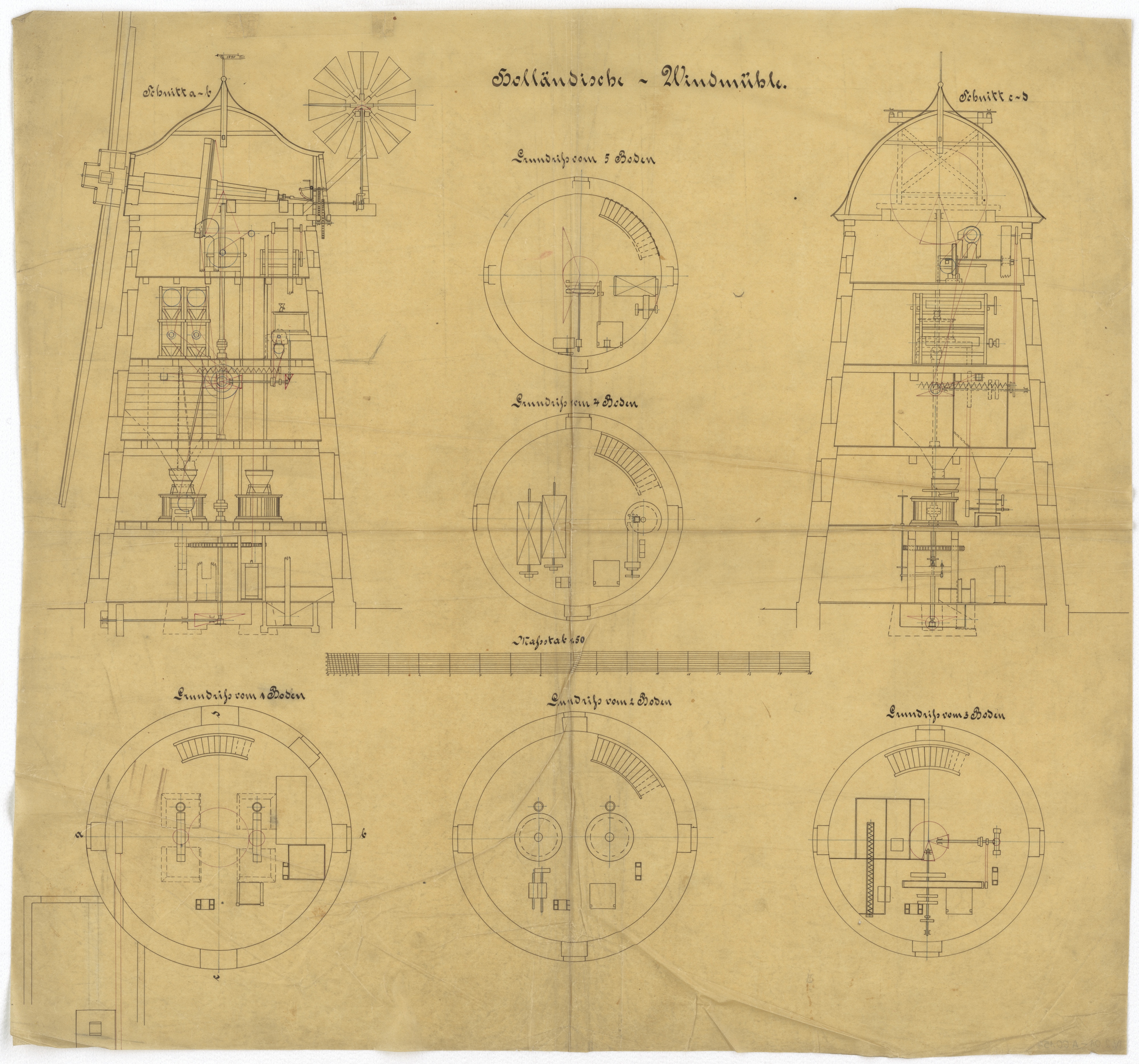 Technische Zeichnung : Holländische Windmühle (Stiftung Deutsches Technikmuseum Berlin CC BY-SA)