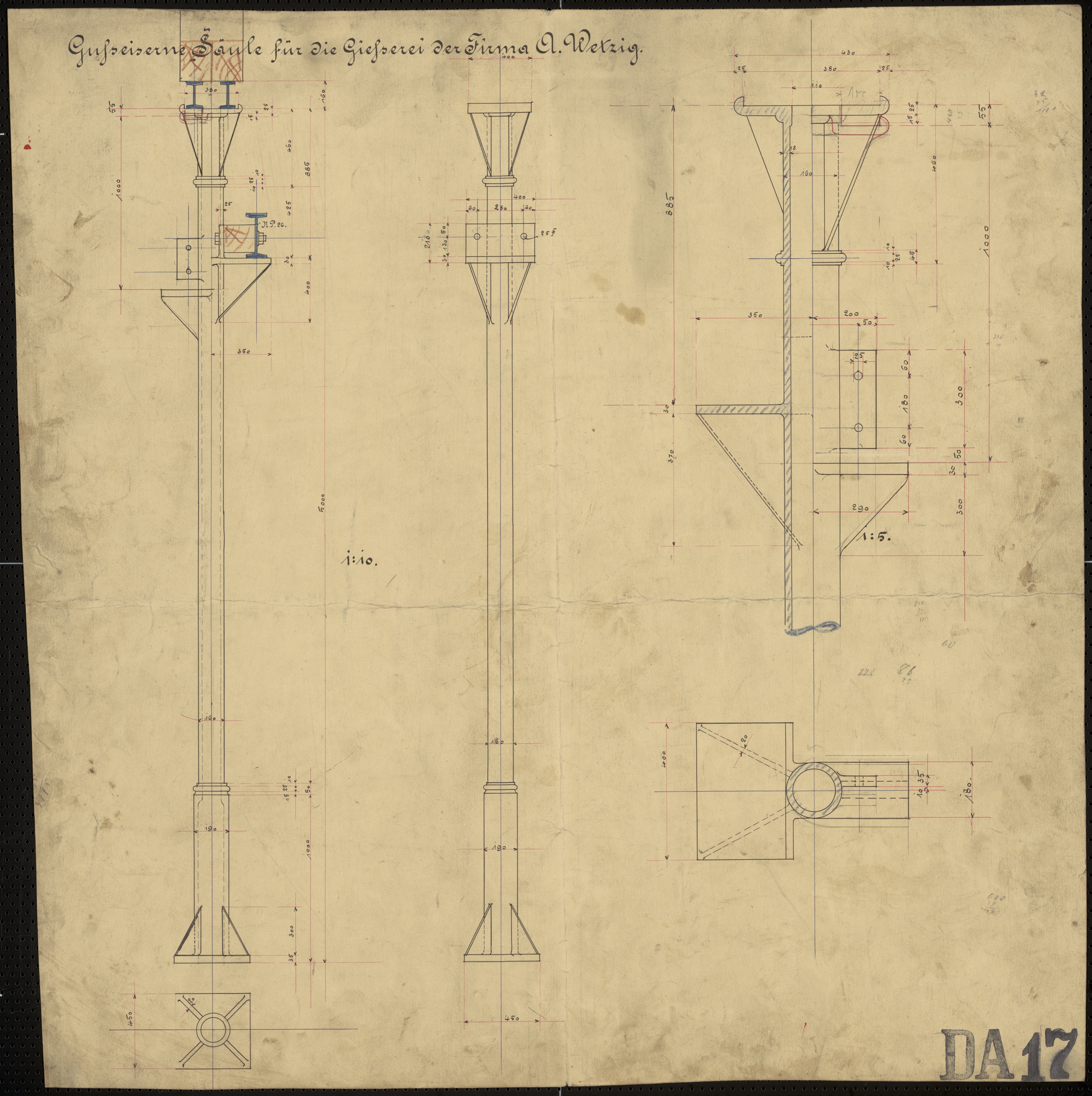 Technische Zeichnung : Gusseiserne Säule für die Gießerei der Firma A. Wetzig (Stiftung Deutsches Technikmuseum Berlin CC BY-SA)