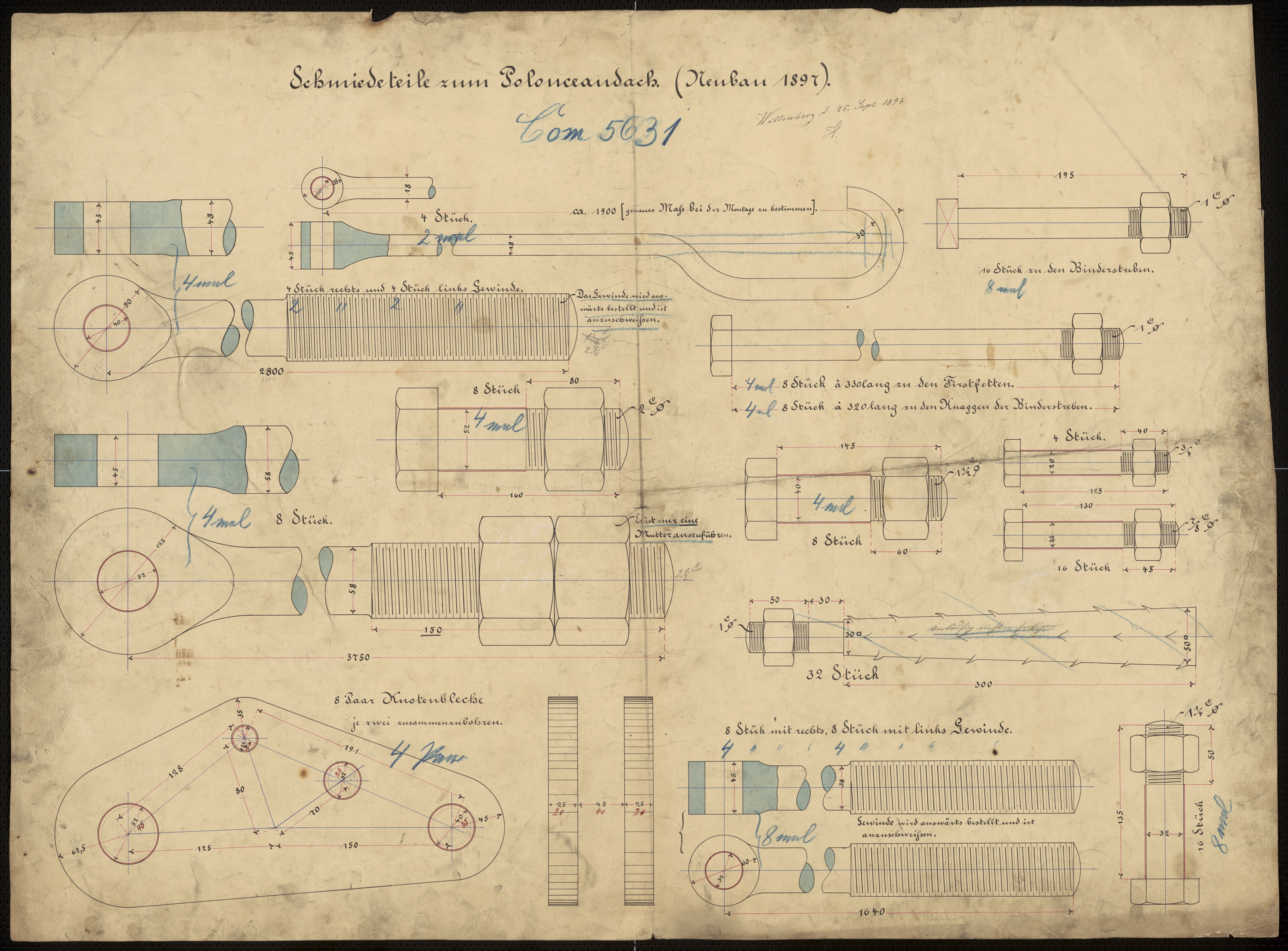 Technische Zeichnung : Schmiedetteile zum Polonceaudach (Neubau 1897) (Stiftung Deutsches Technikmuseum Berlin CC BY-SA)