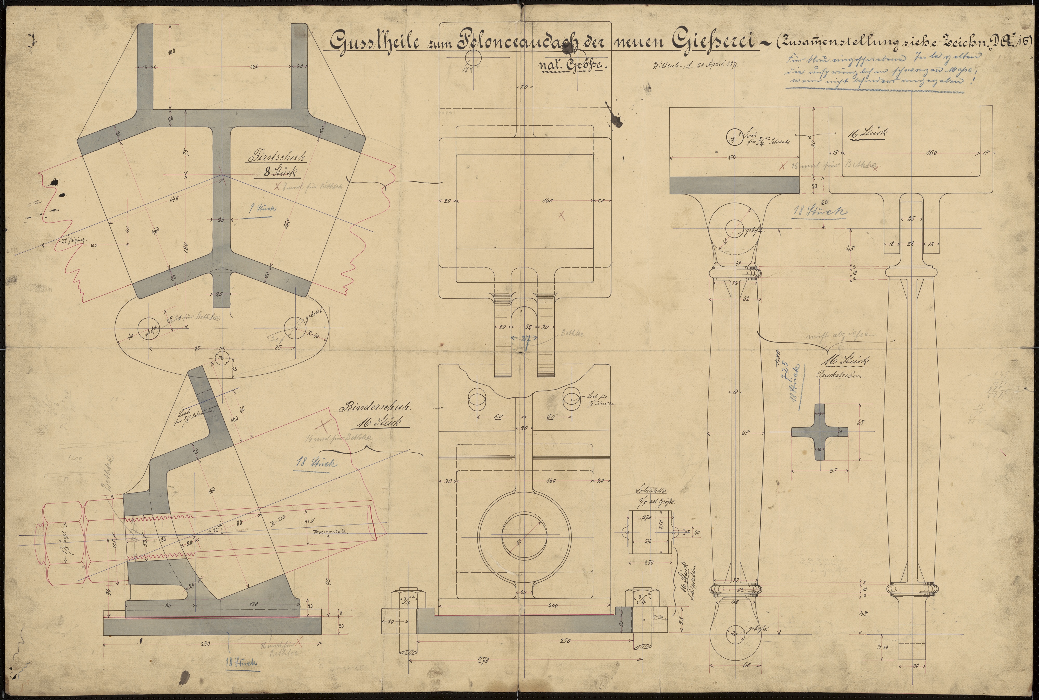 Technische Zeichnung : Gussteile zum Polonceaudach der neuen Gießerei (Stiftung Deutsches Technikmuseum Berlin CC BY-SA)