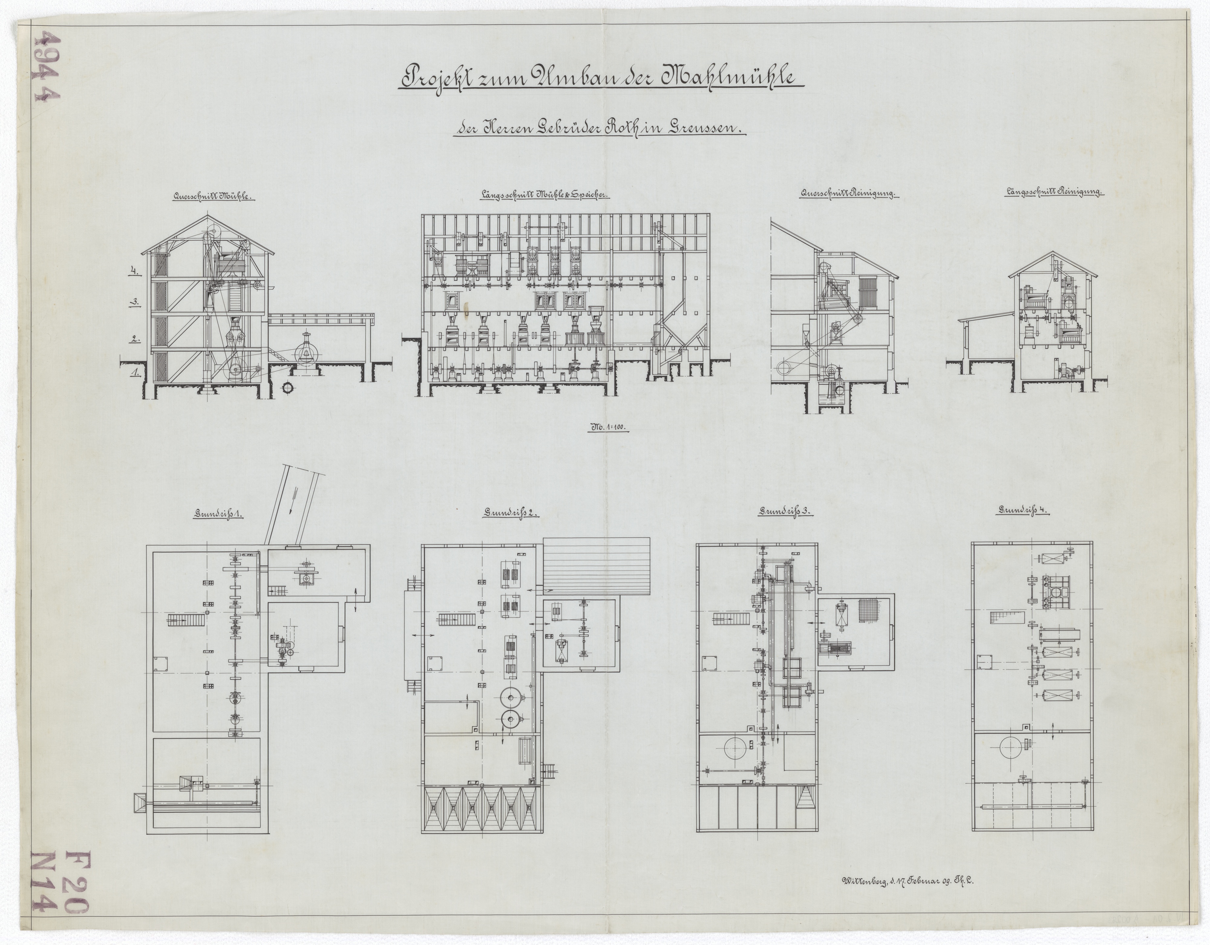 Technische Zeichnung : Projekt zum Umbau der Mahlmühle der Herren Gebrüder Roth in Greußen (Stiftung Deutsches Technikmuseum Berlin CC BY-SA)
