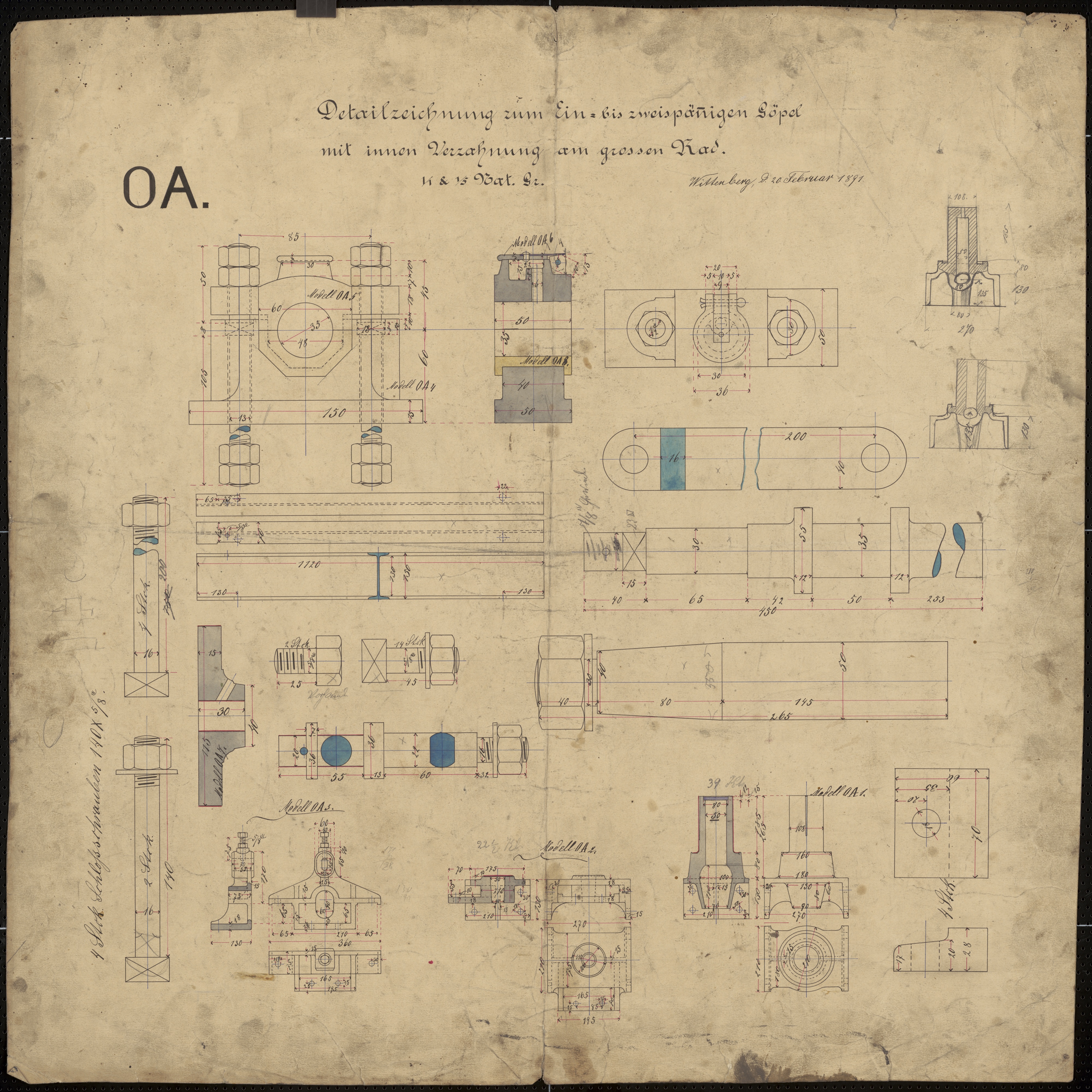 Technische Zeichnung : OA Detailzeichnung zum ein- bis zweispännigen Göpel mit innen Verzahnung am großen Rad  (Stiftung Deutsches Technikmuseum Berlin CC BY-SA)