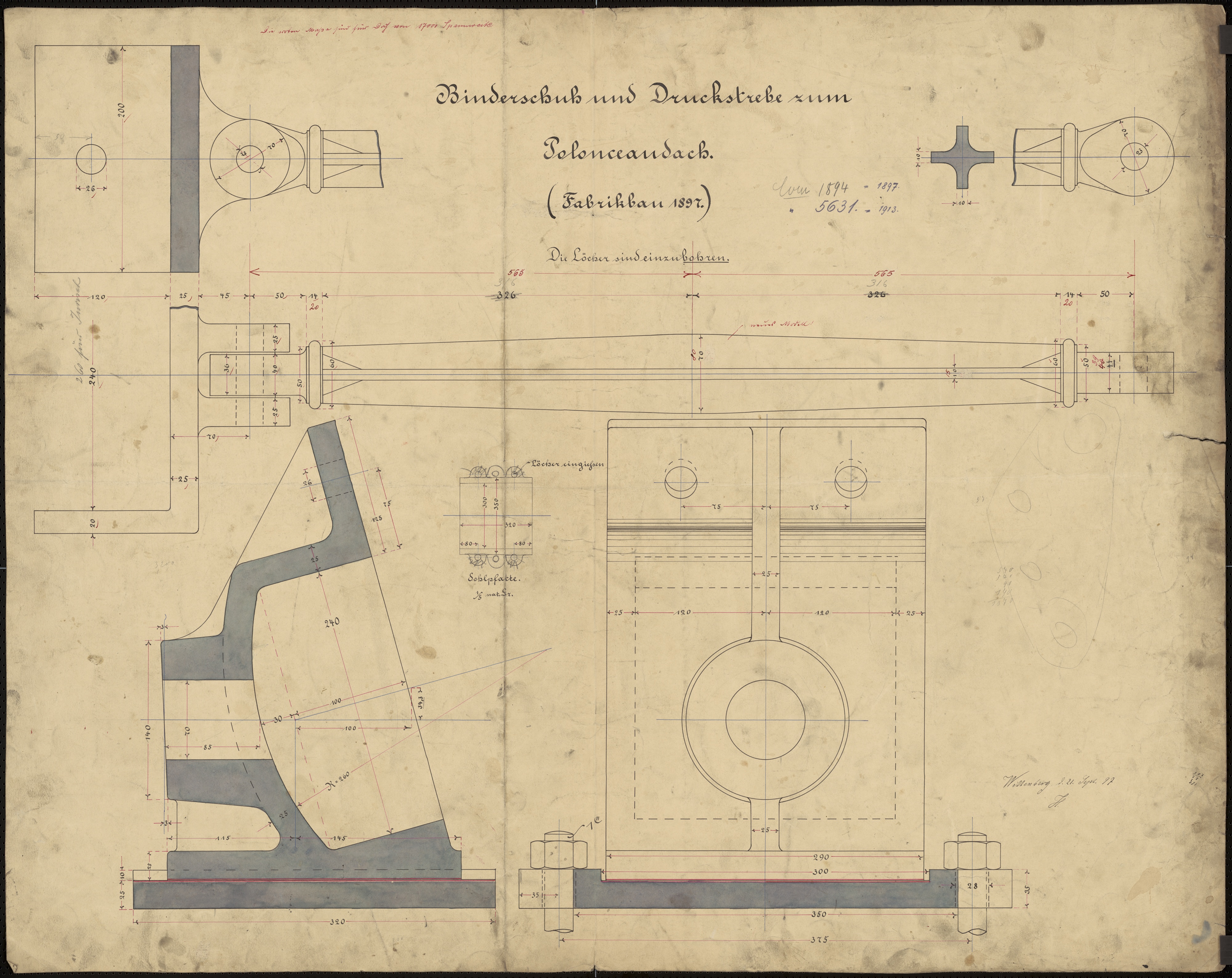 Technische Zeichnung : Binderschuh und Druckstrebe zum Polonceaudach (Fabrikbau 1897 [und 1913]) (Stiftung Deutsches Technikmuseum Berlin CC BY-SA)