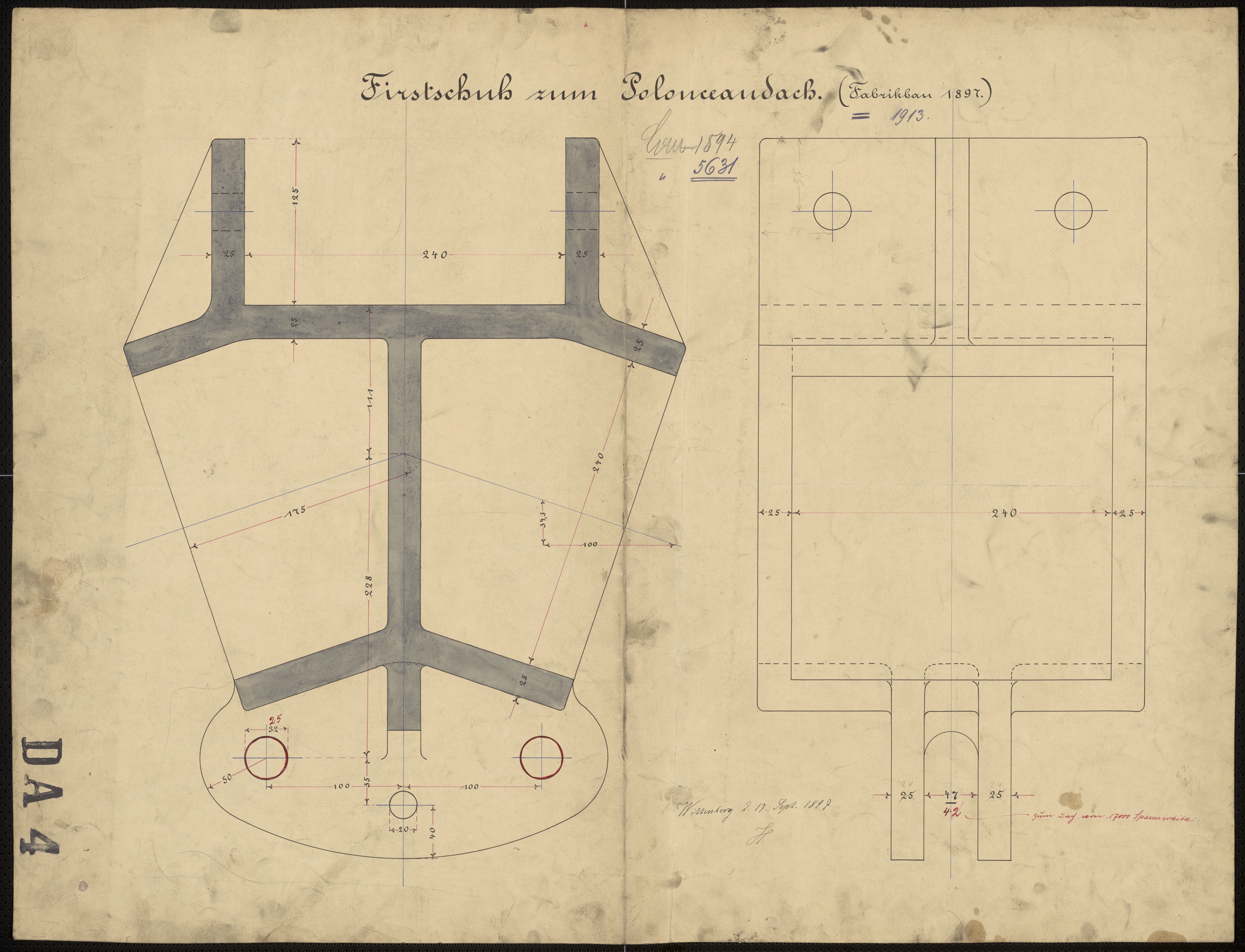 Technische Zeichnung : Firstschuh zum Polonceaudach (Fabrikbau 1897[und 1913]) (Stiftung Deutsches Technikmuseum Berlin CC BY-SA)