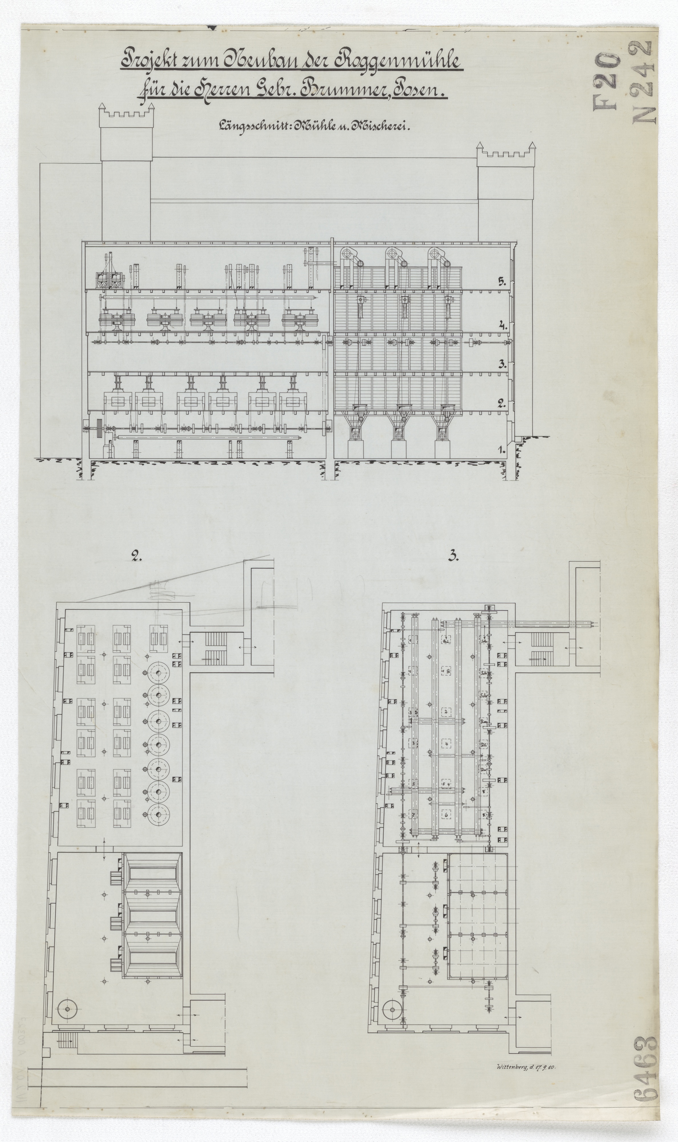 Technische Zeichnung : Projekt zum Neubau einer Roggenmühle für die Herren Gebrüder Brummer in Posen (Stiftung Deutsches Technikmuseum Berlin CC BY-SA)