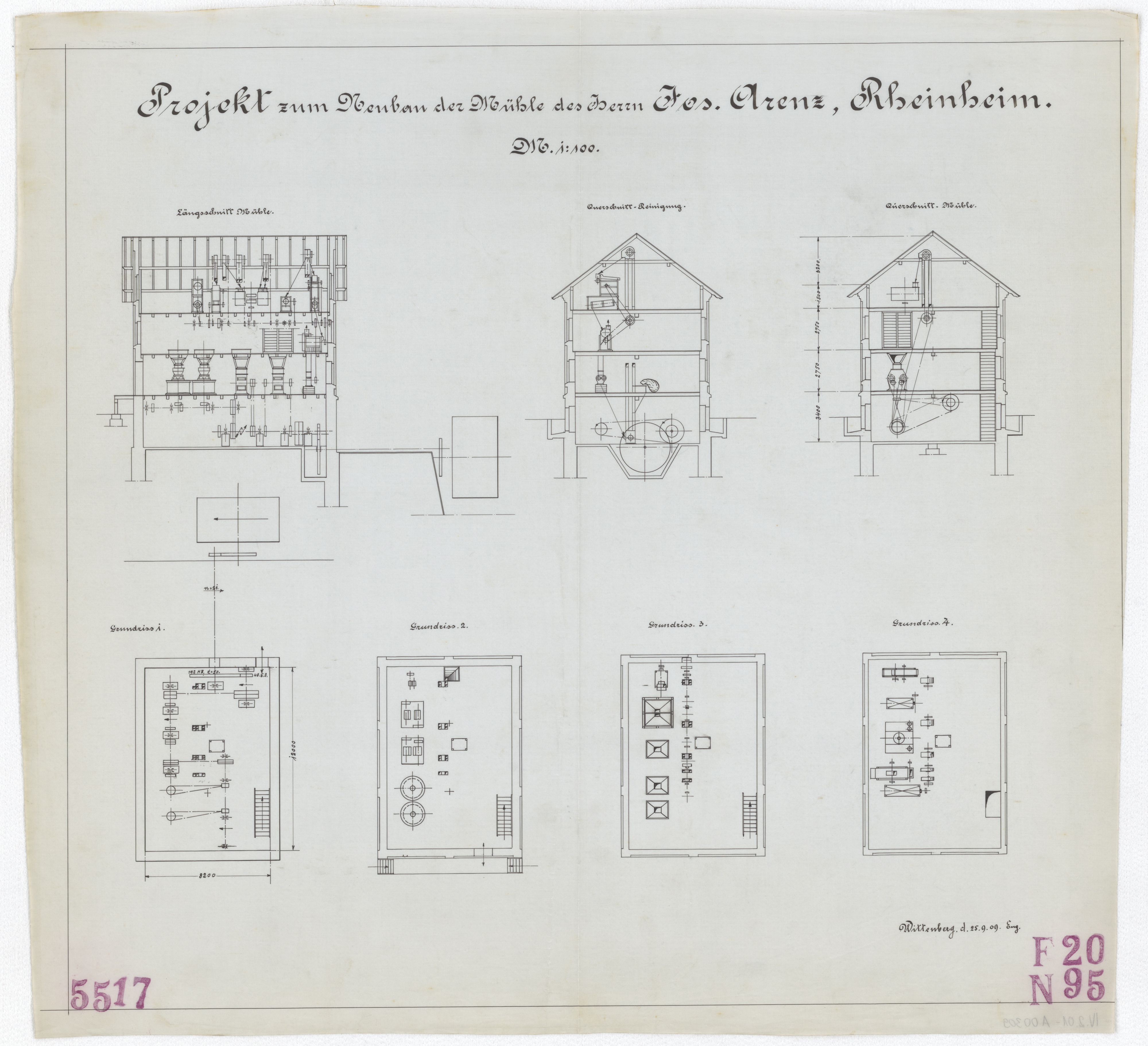 Technische Zeichnung : Projekt zum Neubau der Mühle des Herrn Jos. Arenz, Rheinheim (Stiftung Deutsches Technikmuseum Berlin CC BY-SA)