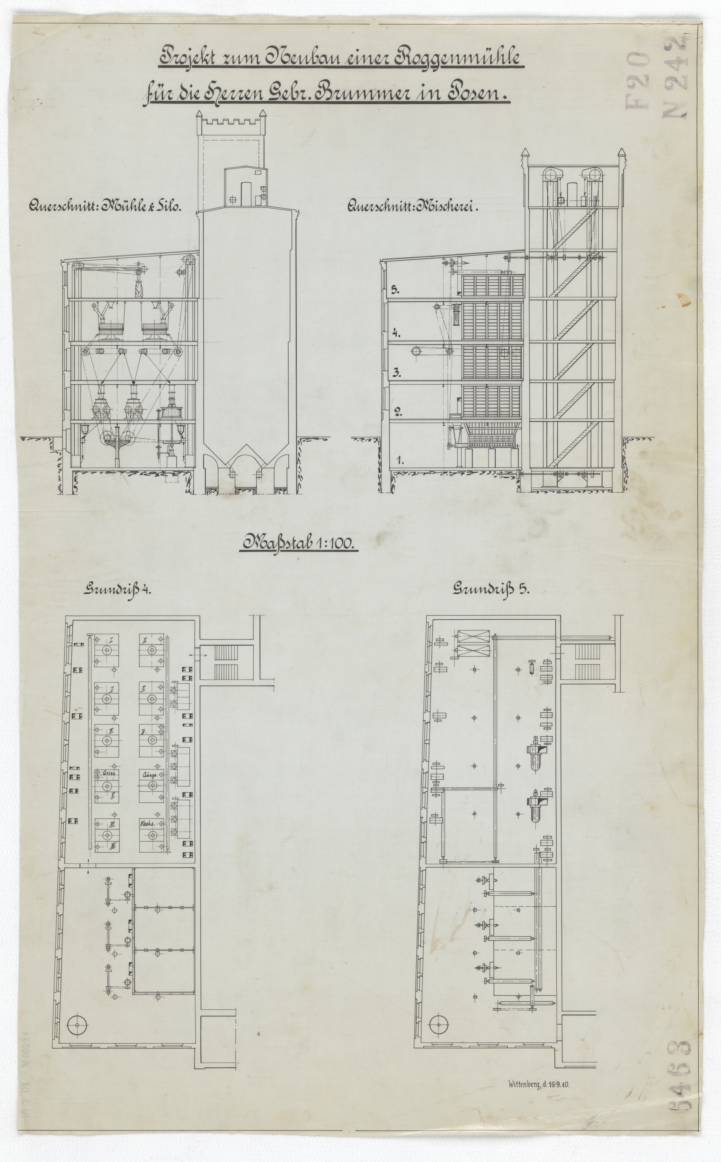 Technische Zeichnung : Projekt zum Neubau einer Roggenmühle für die Herren Gebrüder Brummer in Posen (Stiftung Deutsches Technikmuseum Berlin CC BY-SA)