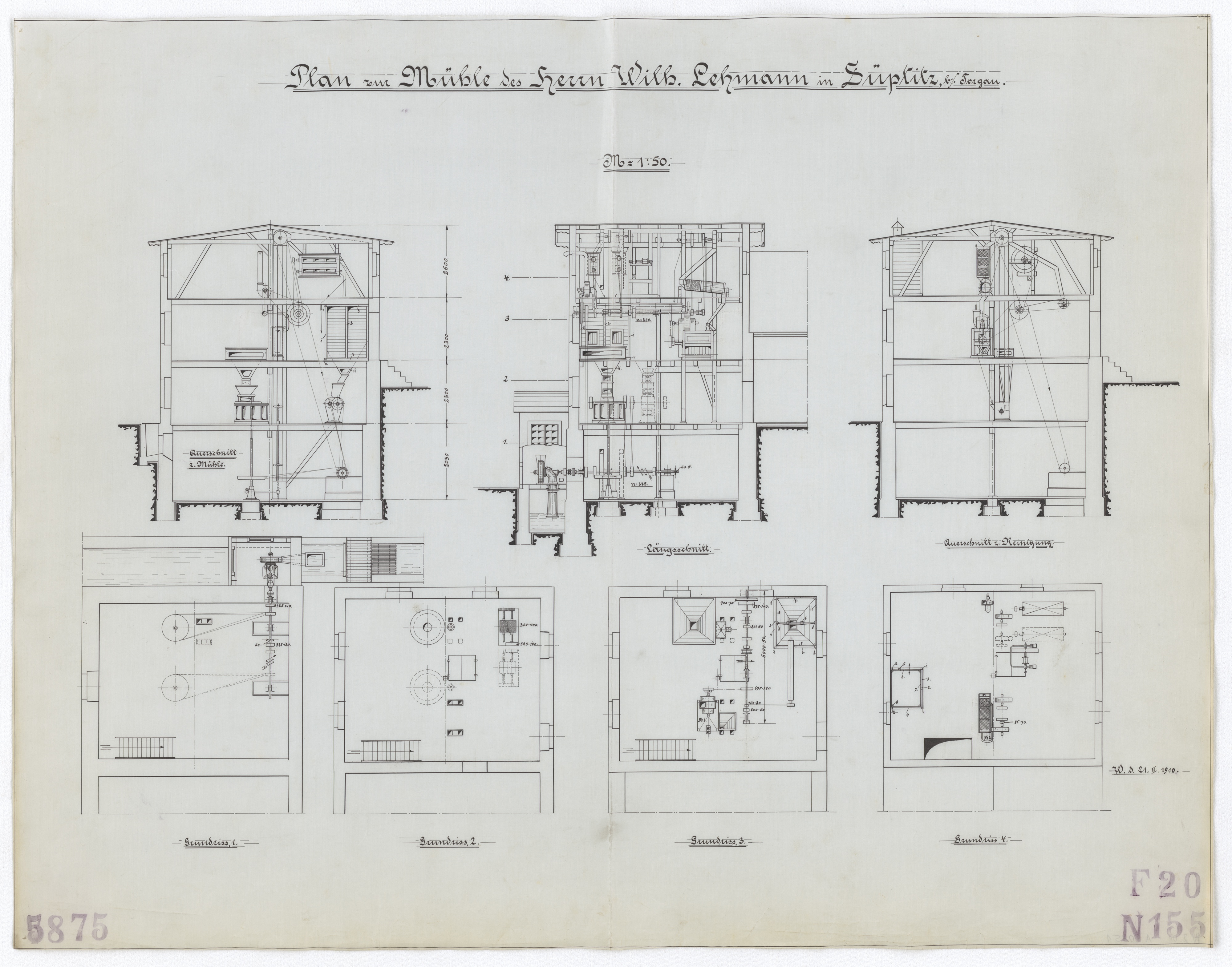 Technische Zeichnung : Plan zur Mühle des Herrn Wilh. Lehmann in Süptitz bei Torgau (Stiftung Deutsches Technikmuseum Berlin CC BY-SA)