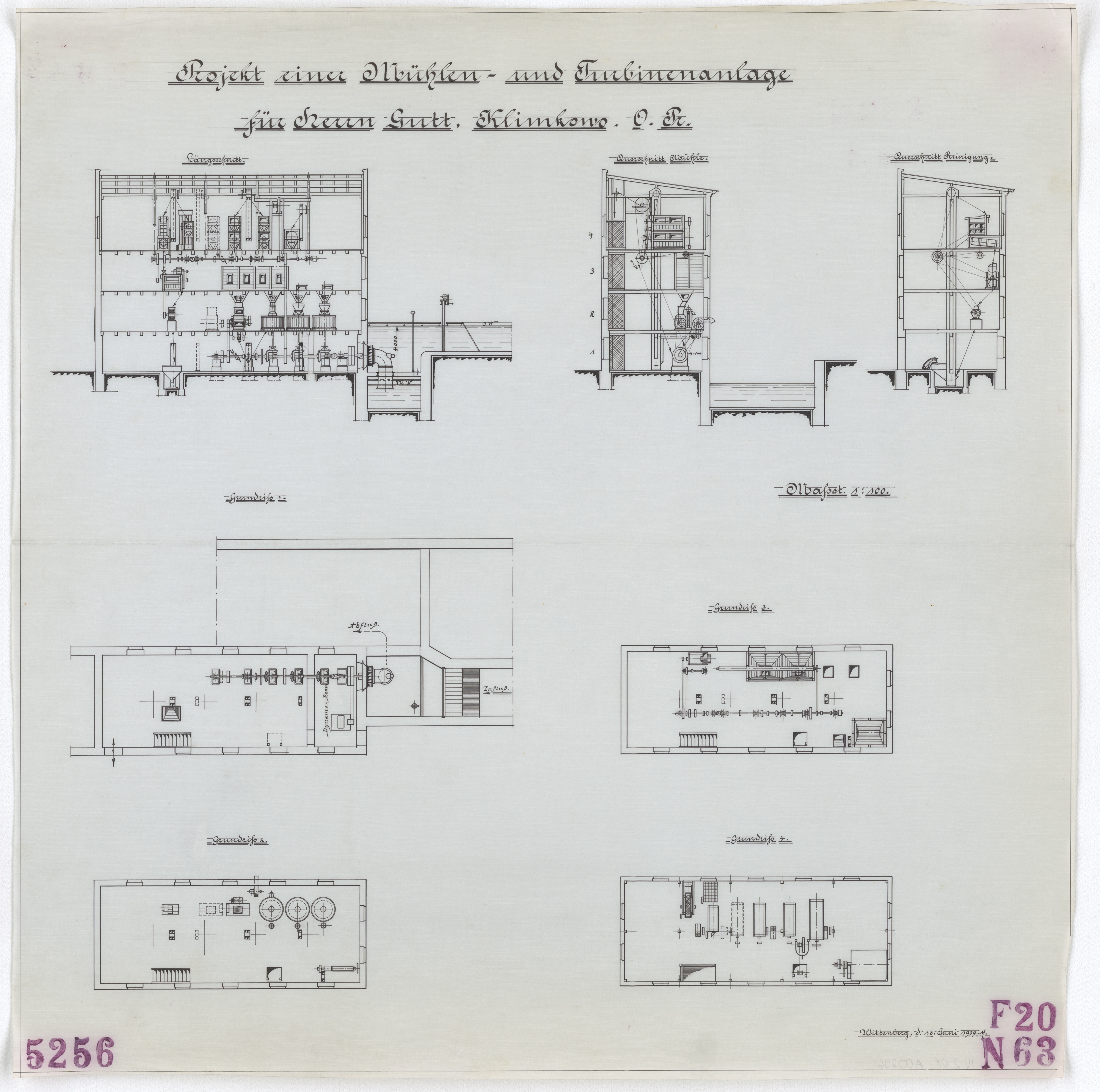 Technische Zeichnung : Projekt einer Mühlen- und Turbinenanlage für Herrn Gutt, Klimkowo, Ostpreußen (Stiftung Deutsches Technikmuseum Berlin CC BY-SA)