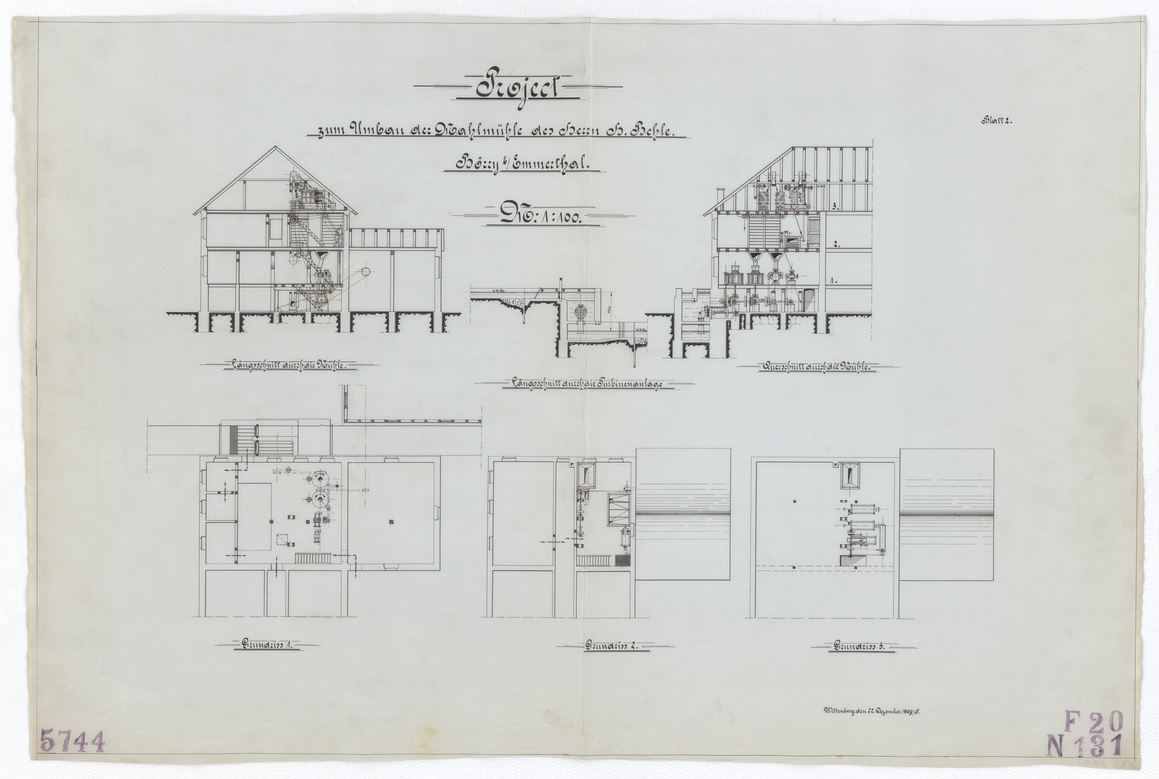 Technische Zeichnung : Projekt zum Umbau der Mahlmühle des Herrn H. Behle, Börry bei Emmerthal (Stiftung Deutsches Technikmuseum Berlin CC BY-SA)